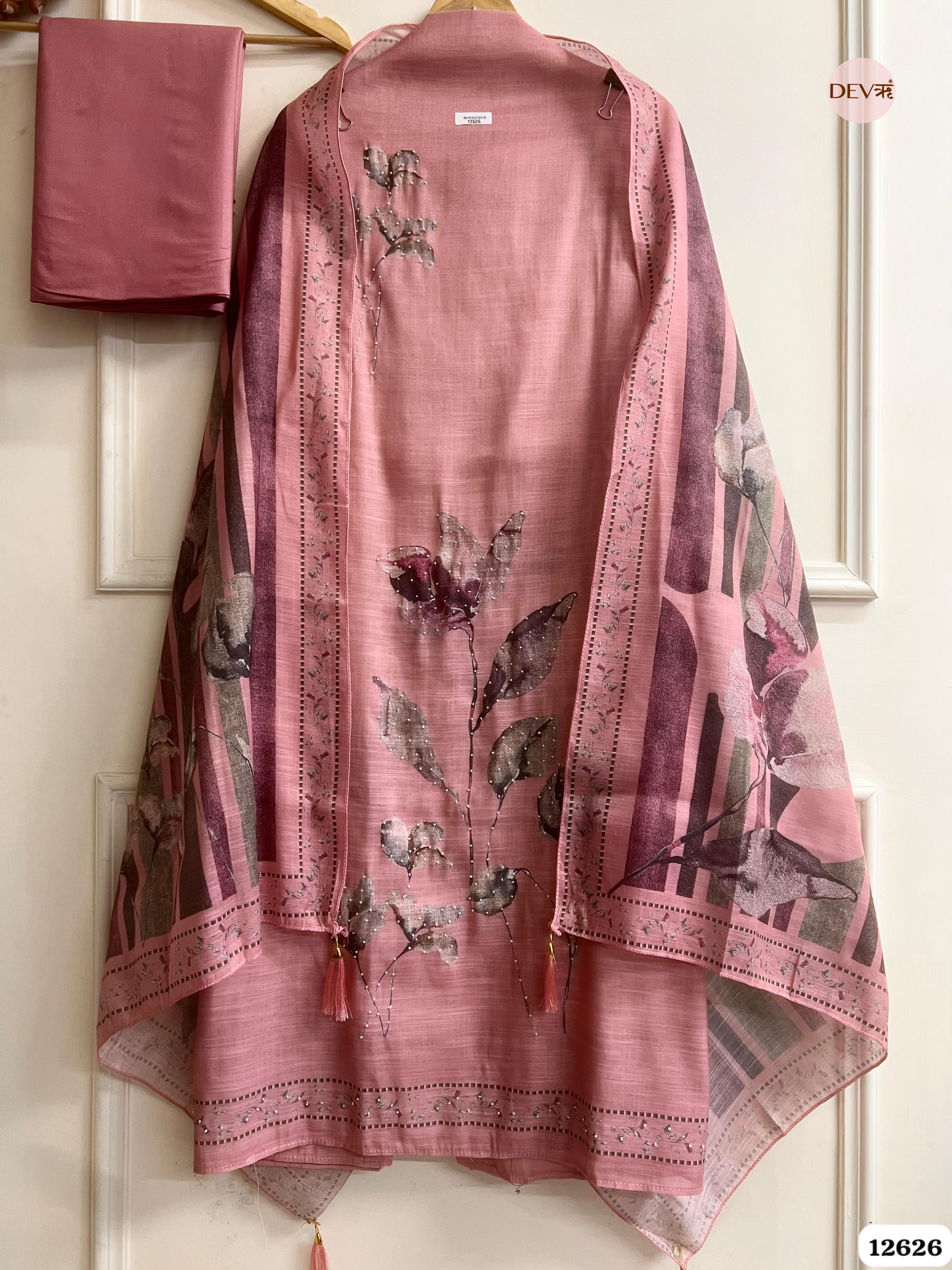 Pink Linen Printed Unstitched 3-Piece Suit (Devri – D.No 12626)