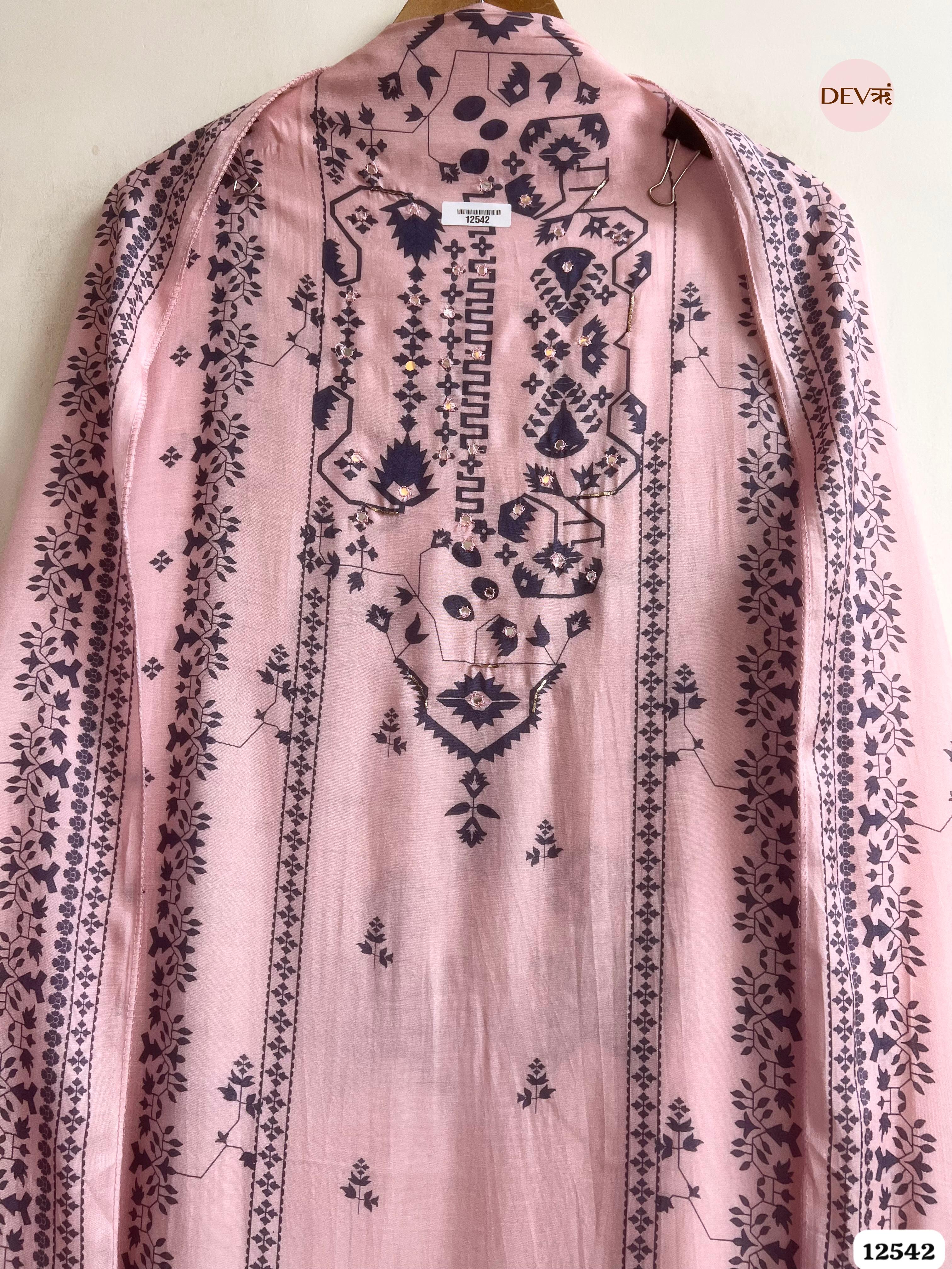 Pink Muslin Printed Unstitched 3-Piece Suit (Devri – D.No 12542)
