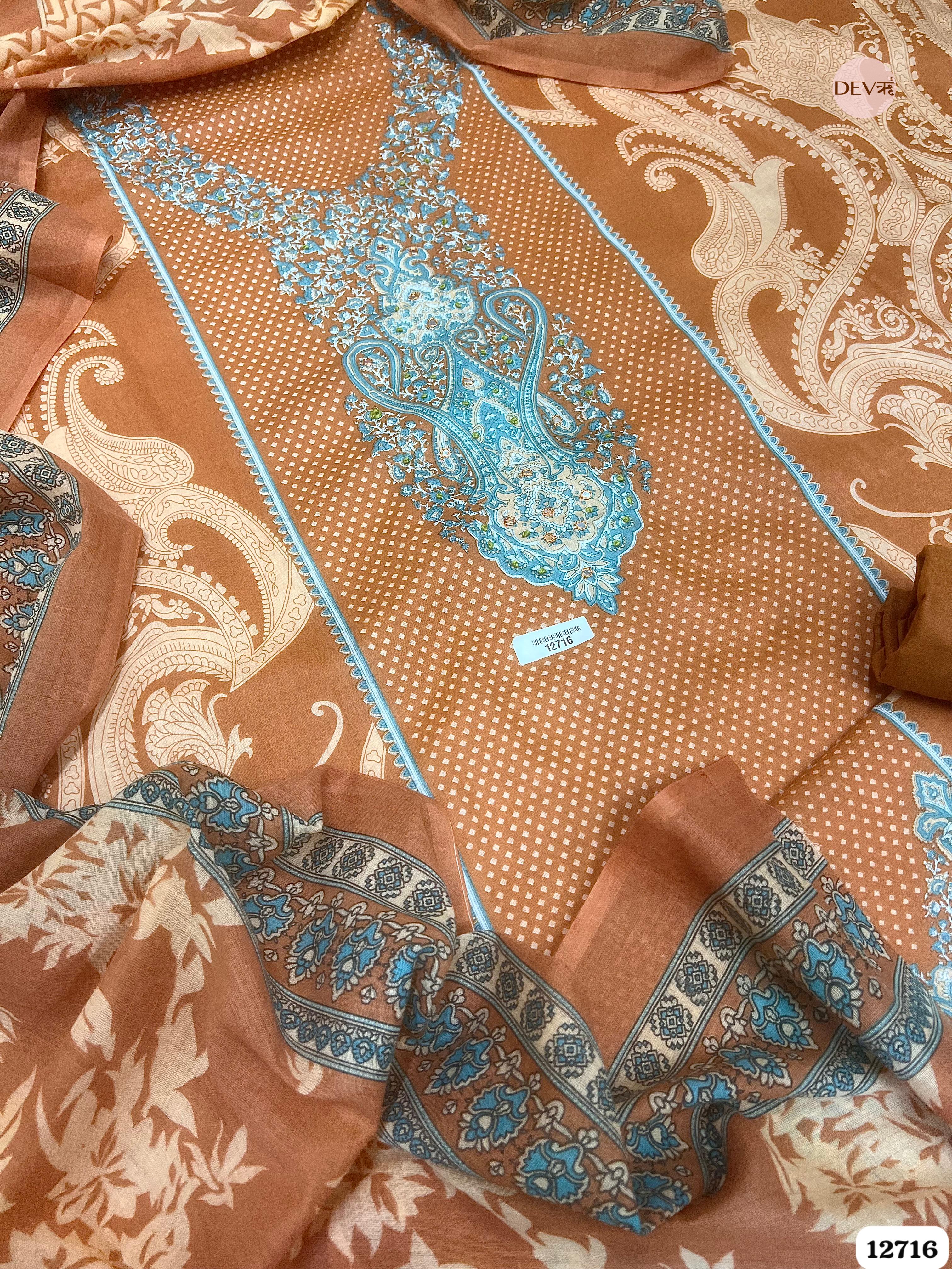 Rust Cotton Printed Unstitched 3-Piece Suit (Devri – D.No 12716)