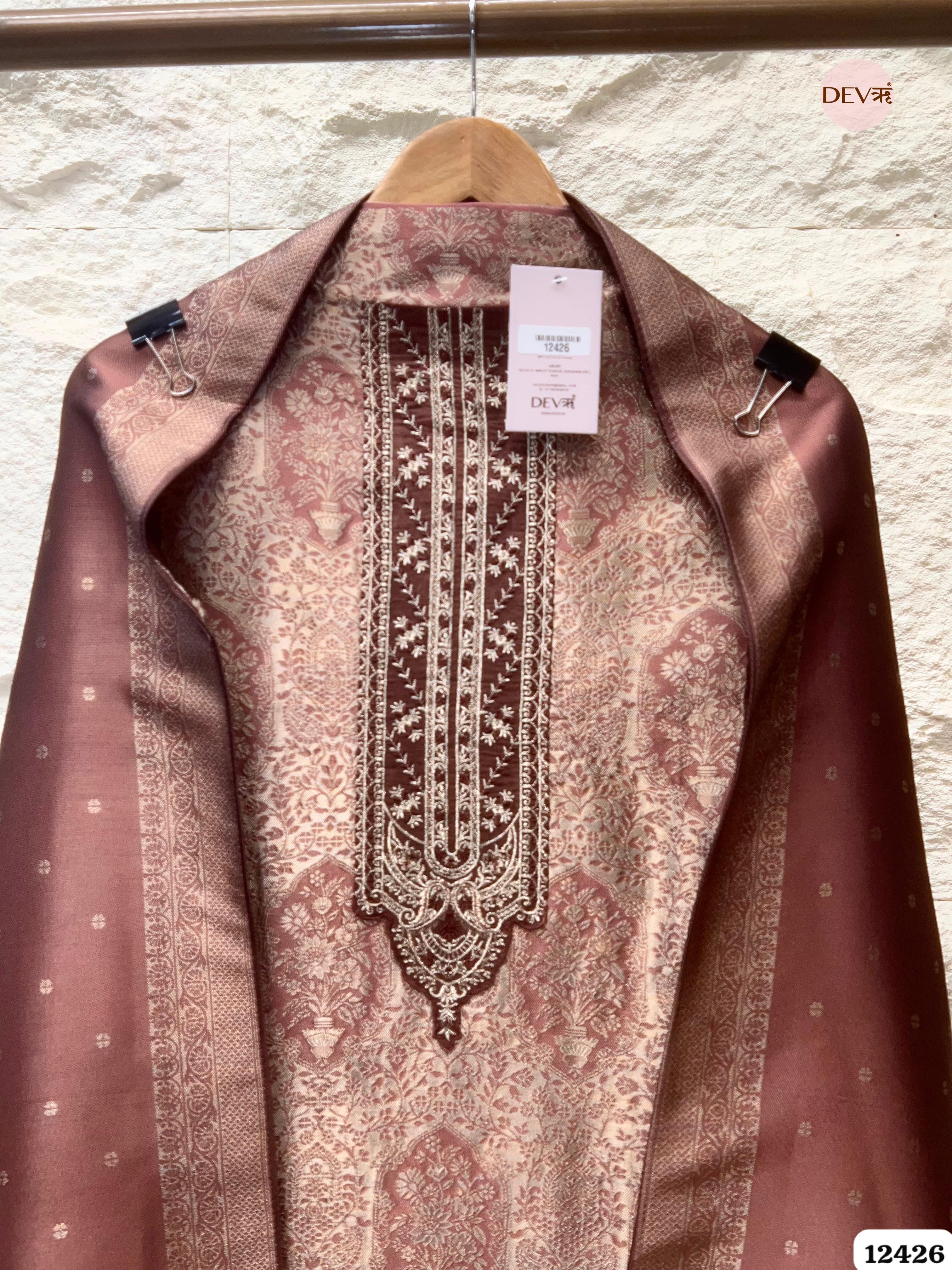 Dusty Rose Banarasi Silk Printed Unstitched 3-Piece Suit (Devri – D.No. 12426)