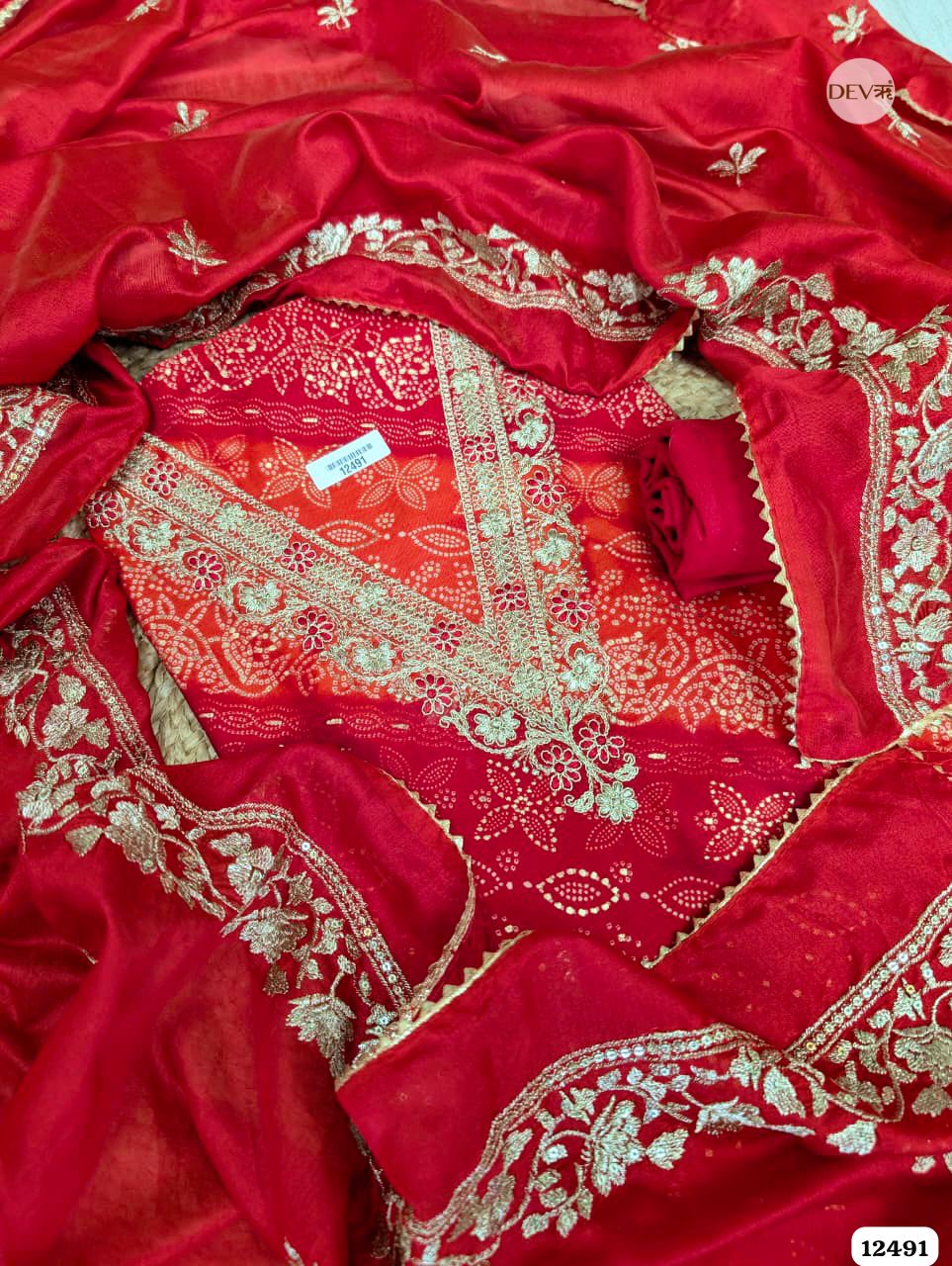 Red Modal Silk Embroidered Unstitched 3-Piece Suit (Devri – D.No 12491)