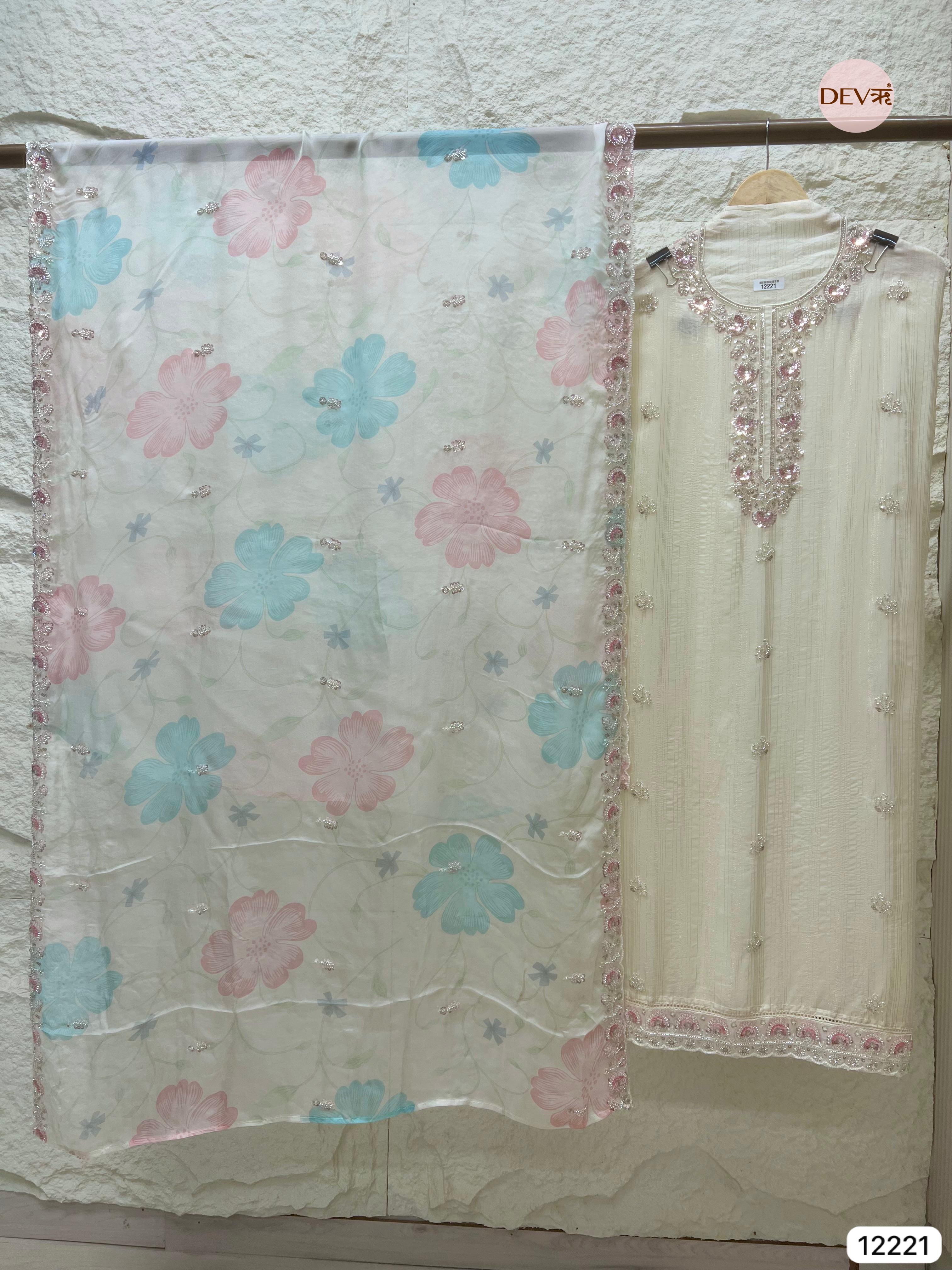 Ivory Pure Organza Hand-Embroidered Unstitched 3-Piece Suit (Devri – D.No 12221)