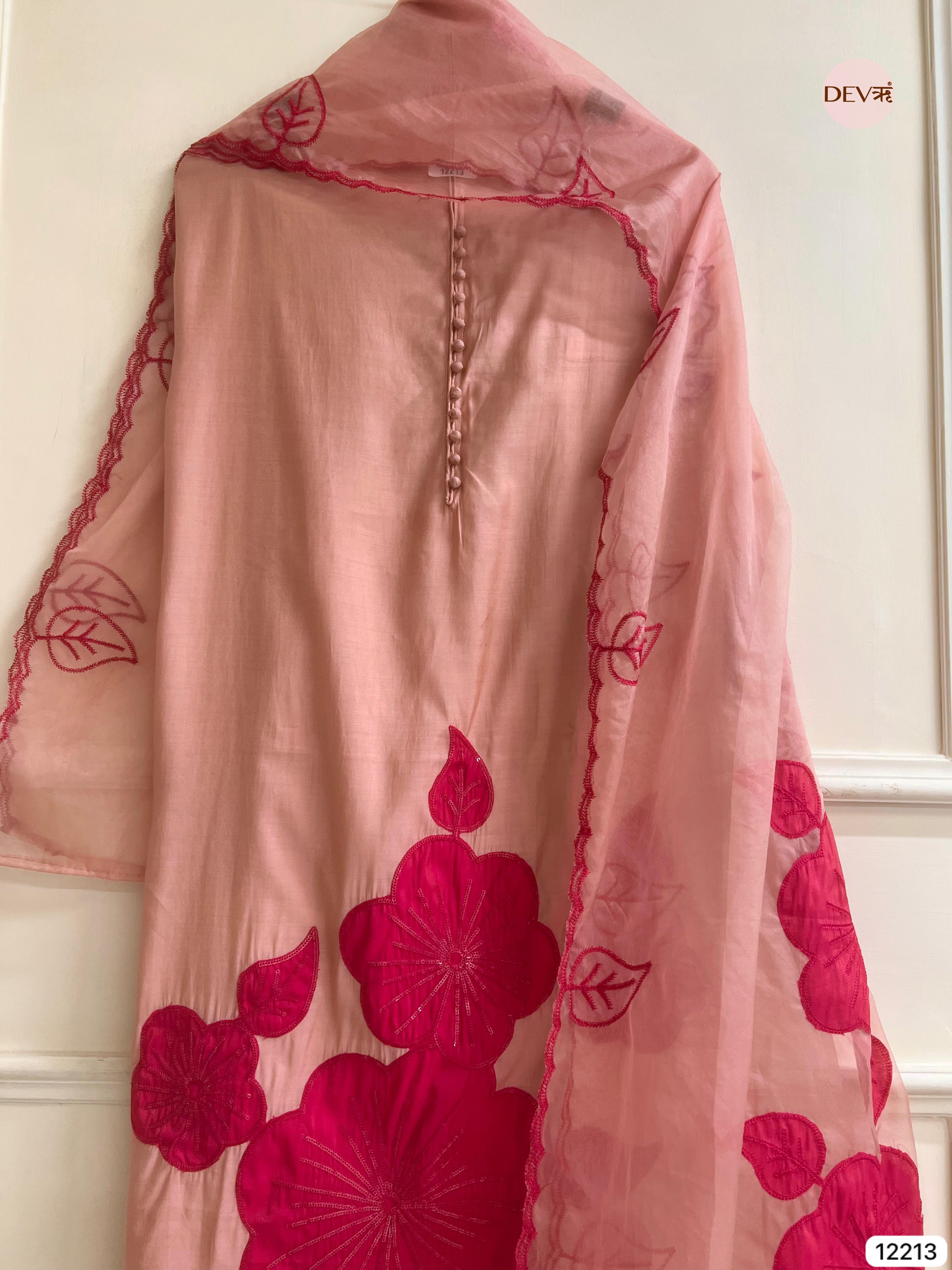 Peach Modal Silk Embroidered Unstitched 3-Piece Suit (Devri – D.No 12213)