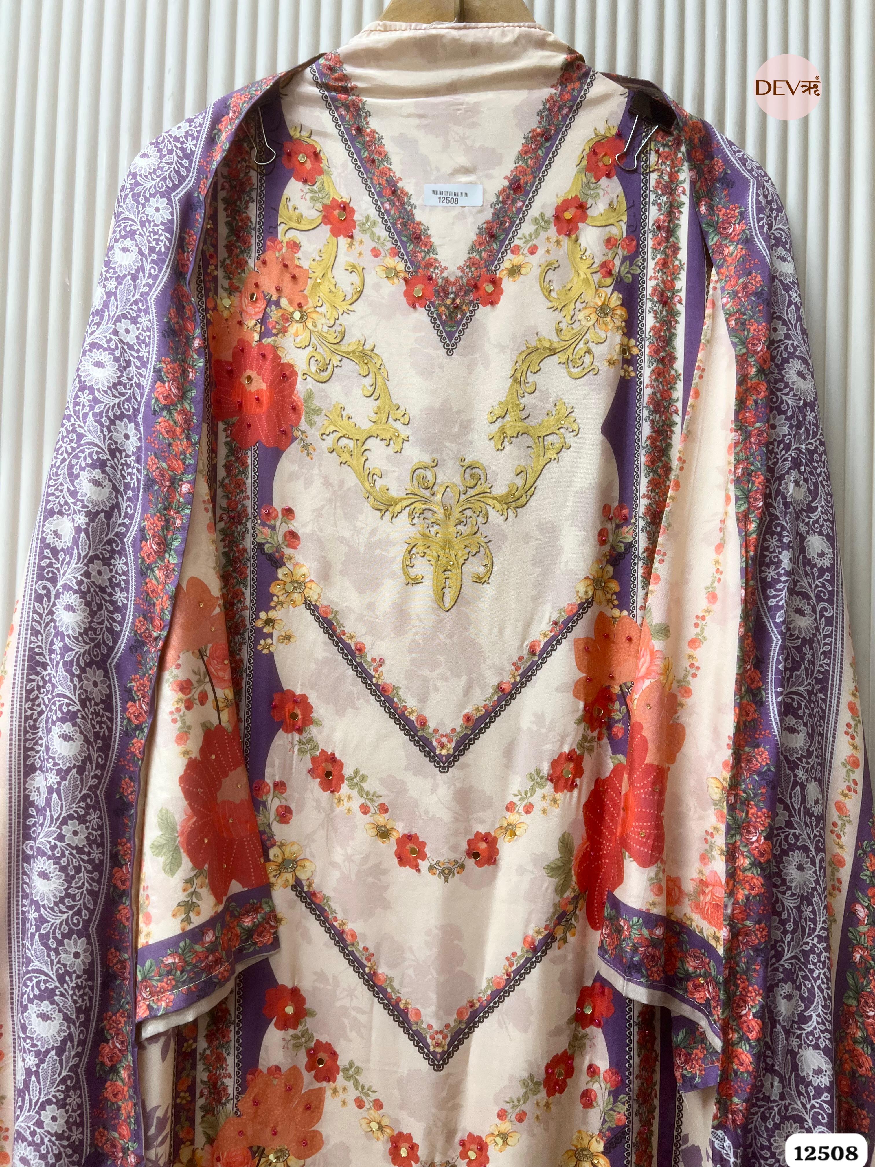 Purple & Cream Muslin Printed Unstitched 3-Piece Suit (Devri – D.No 12508)