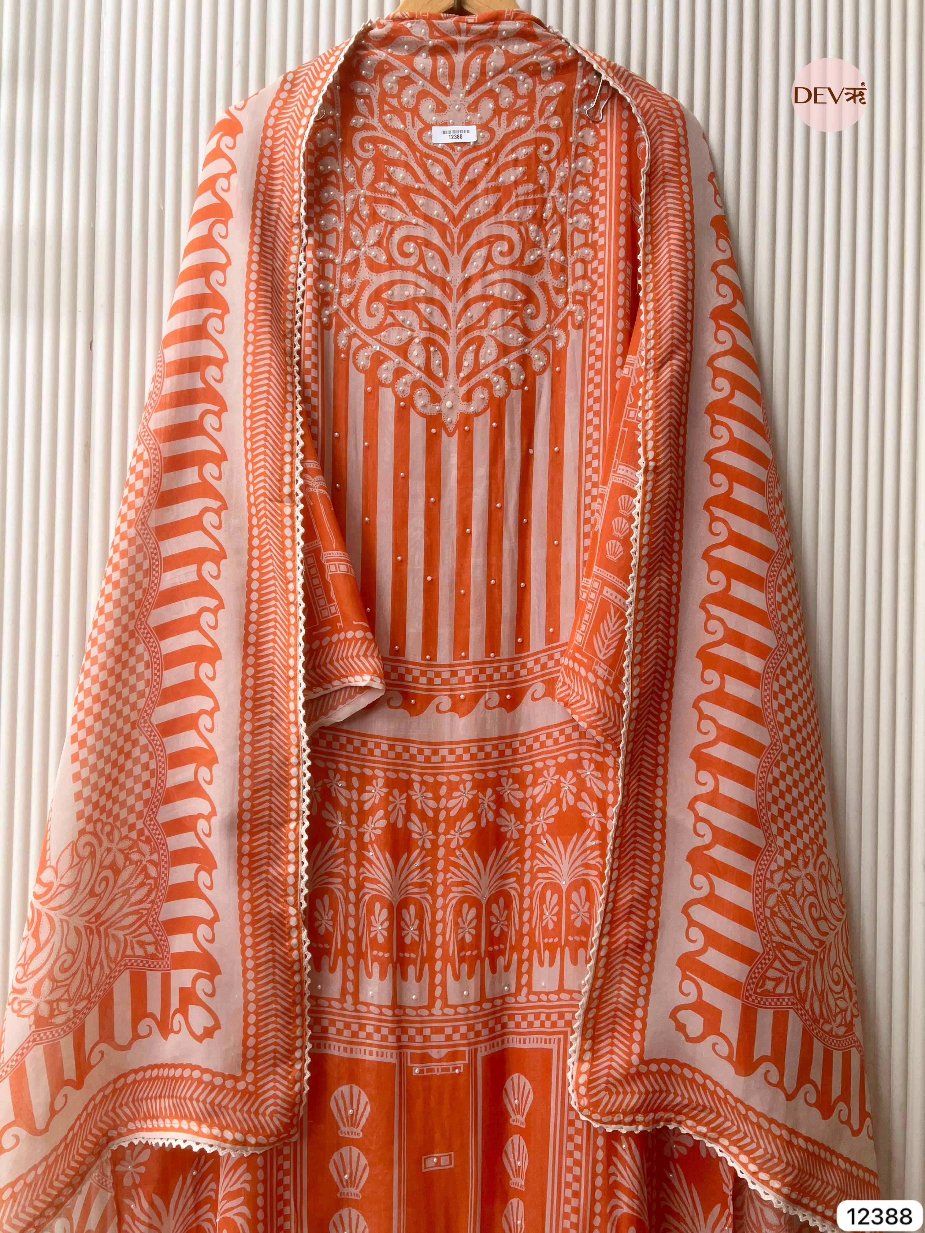 Orange Organza Embroidered Unstitched 3-Piece Suit (Devri – D.No 12388)