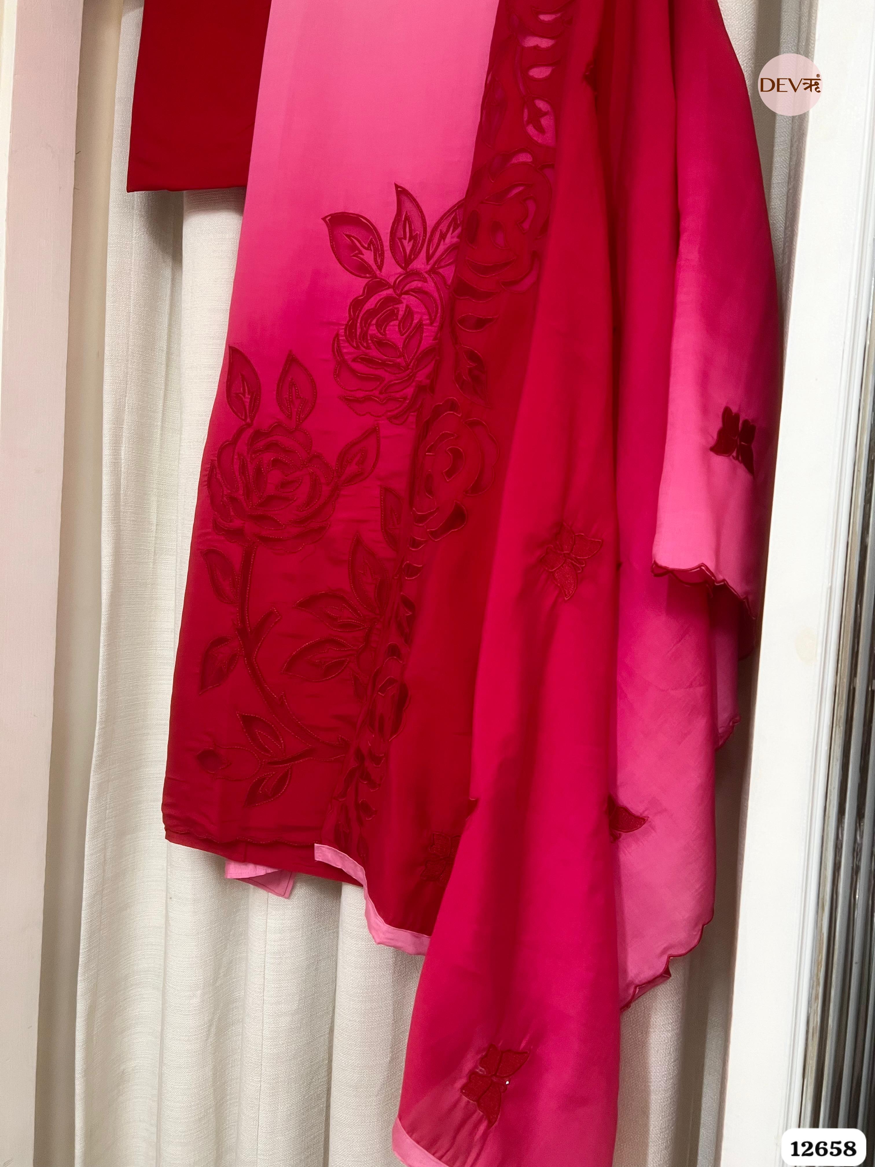 Ombre Pink Mul Chanderi Embroidered Unstitched 3-Piece Suit (Devri – D.No 12658)