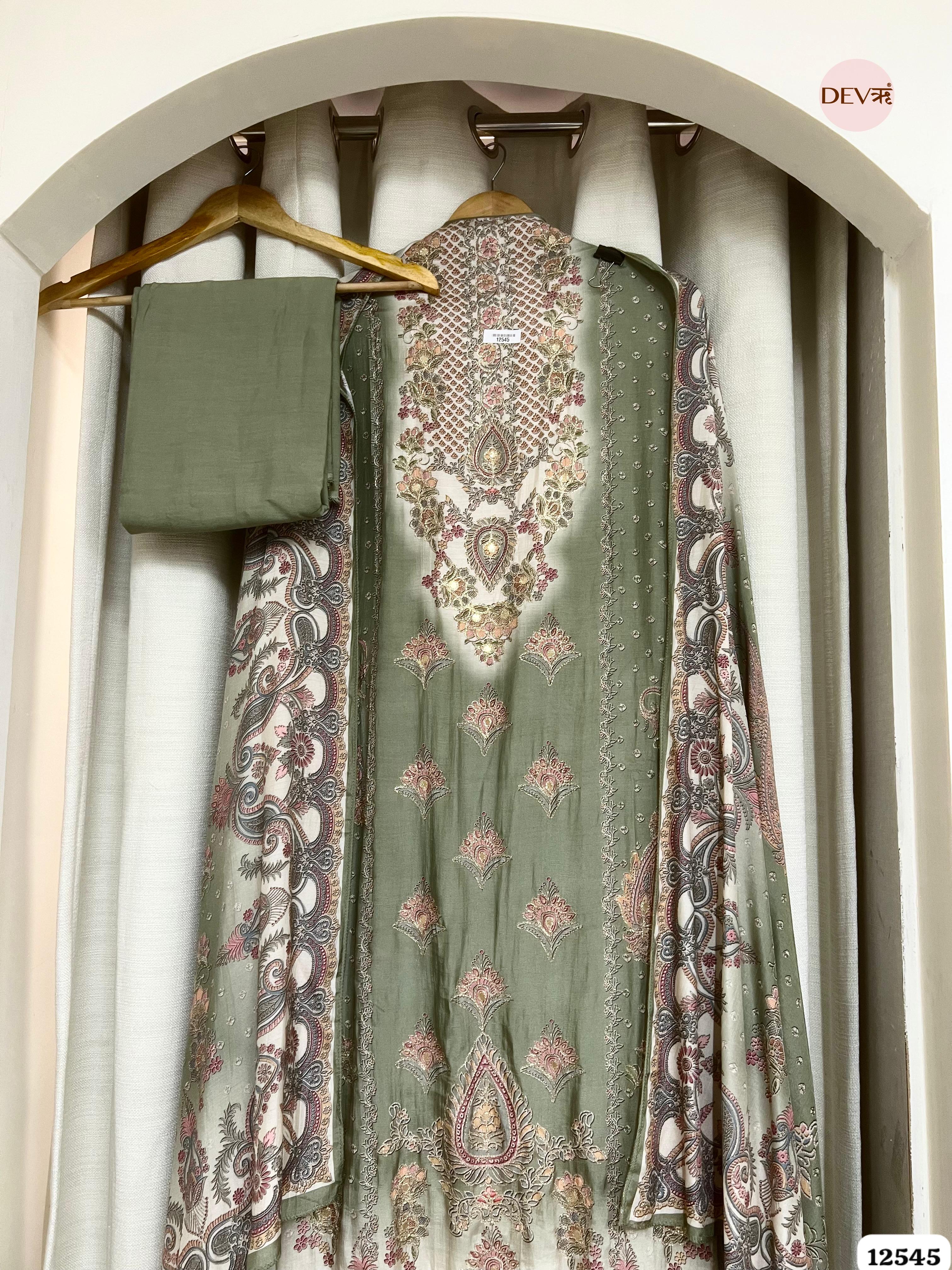 Olive Green Muslin Embroidered Unstitched 3-Piece Suit (Devri – D.No 12545)