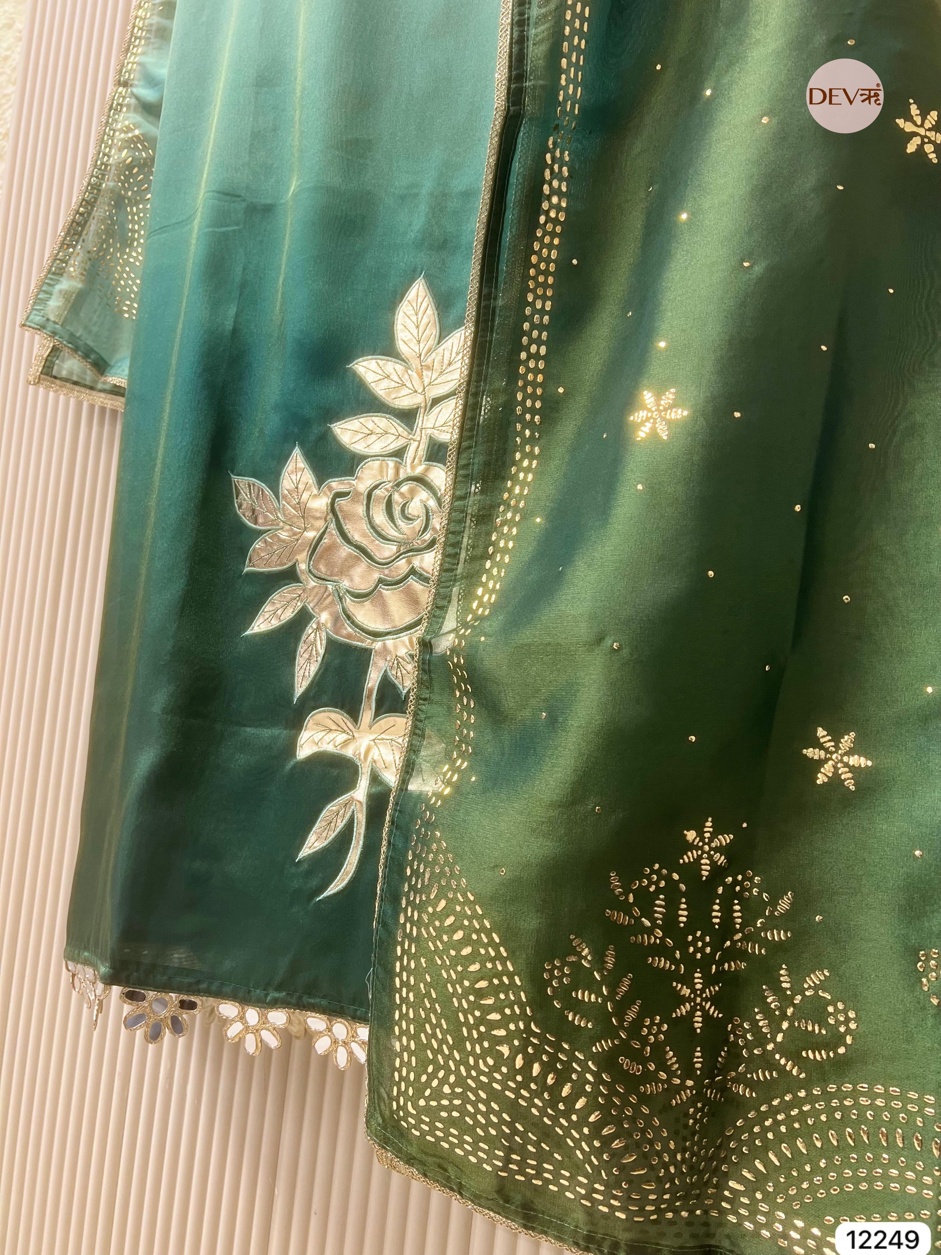Deep Emerald Soft Tissue Shimmer Silk Embroidered Unstitched 3-Piece Set (Devri – D.No 12249)