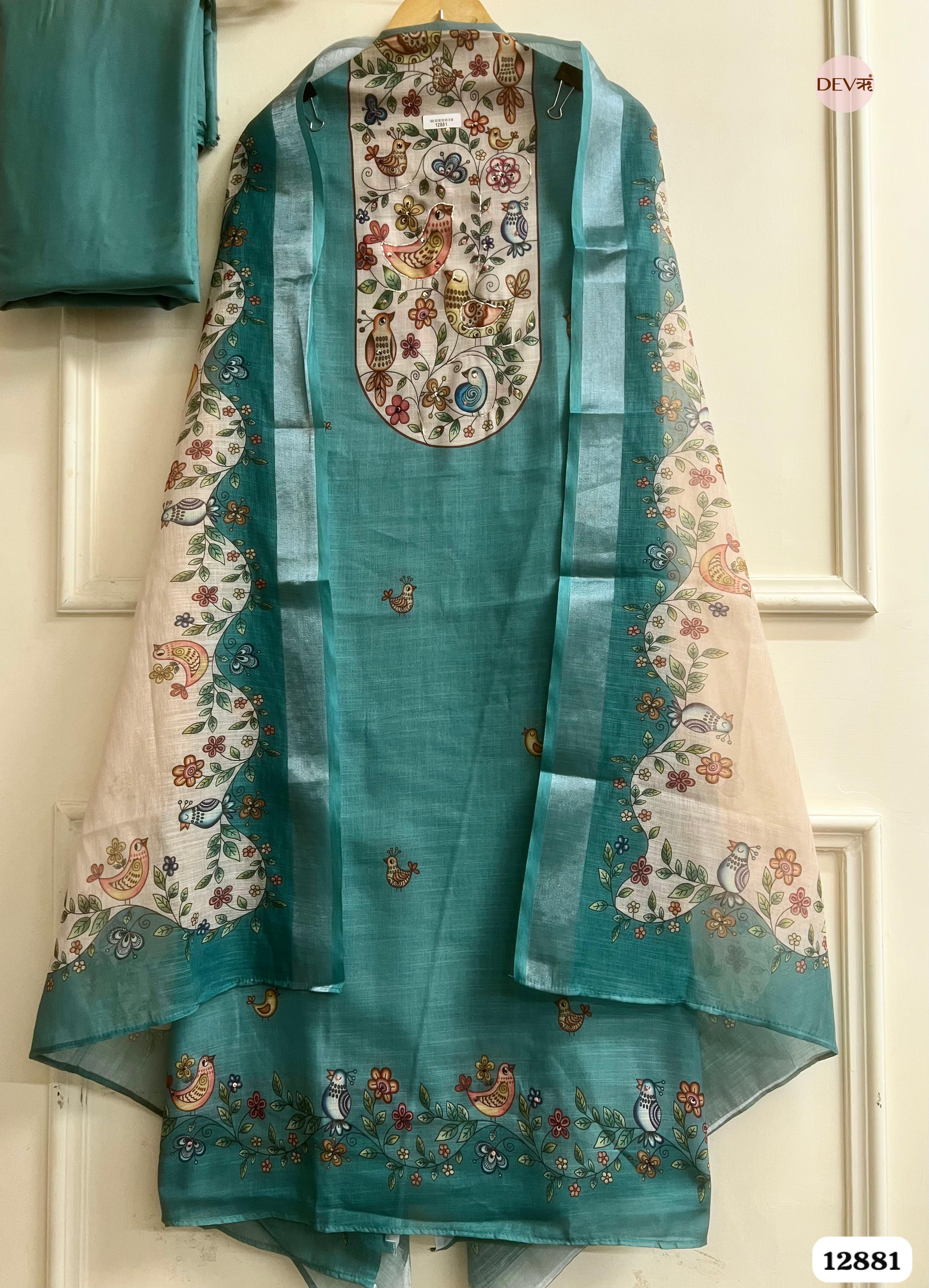 Teal Blue Linen Cotton Printed Unstitched 3-Piece Suit (Devri – D.No 12881)