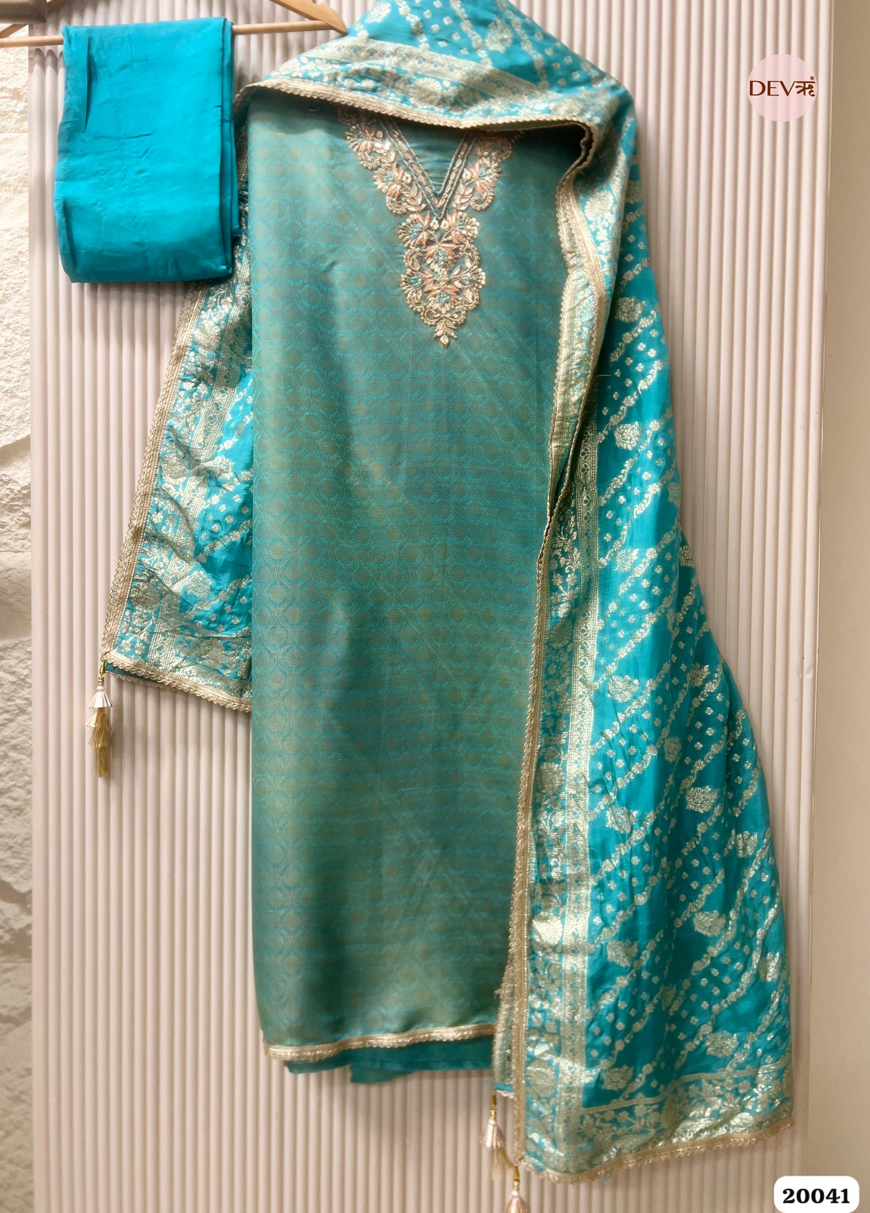 Aqua Teal Banarasi Tissue Embroidered Unstitched 3-Piece Suit (Devri – D.No. 20041 )