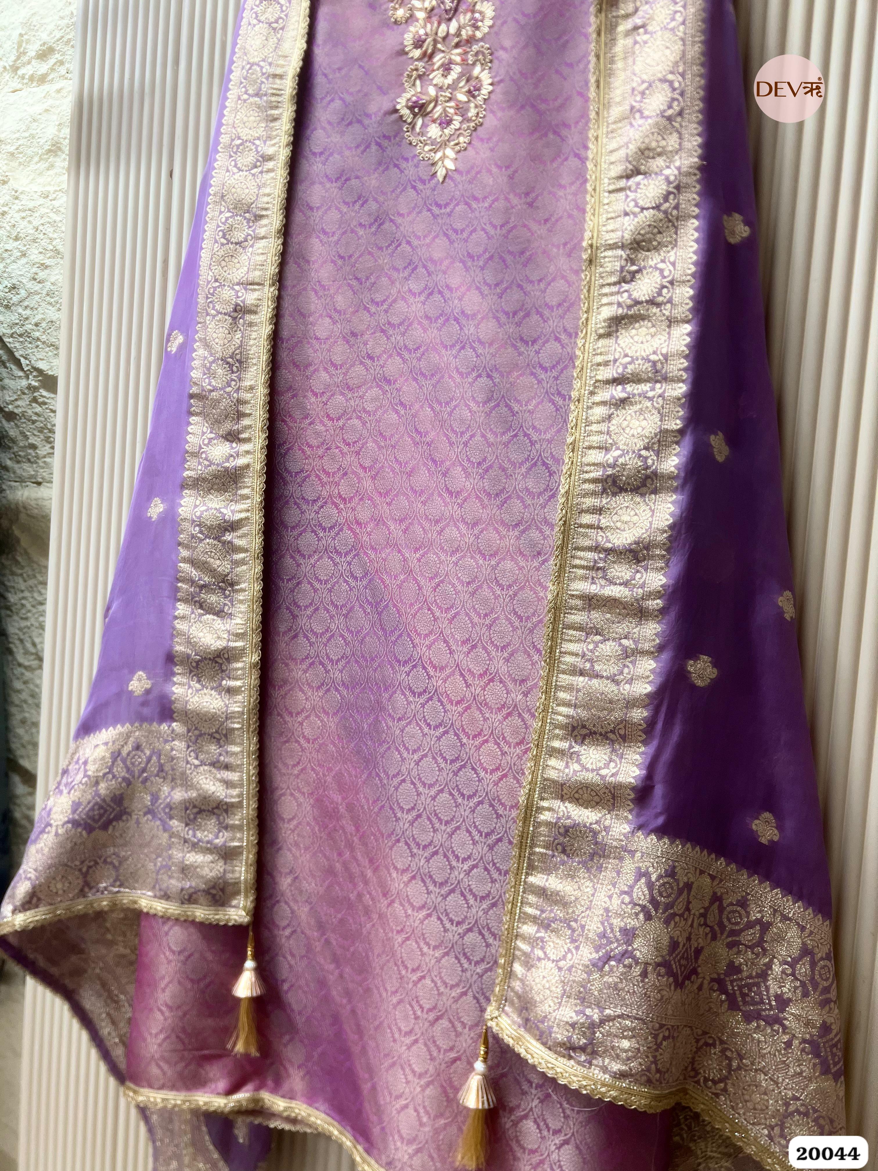 Royal Lilac Banarasi Tissue Embroidered Unstitched 3-Piece Suit (Devri – D.No 20044)