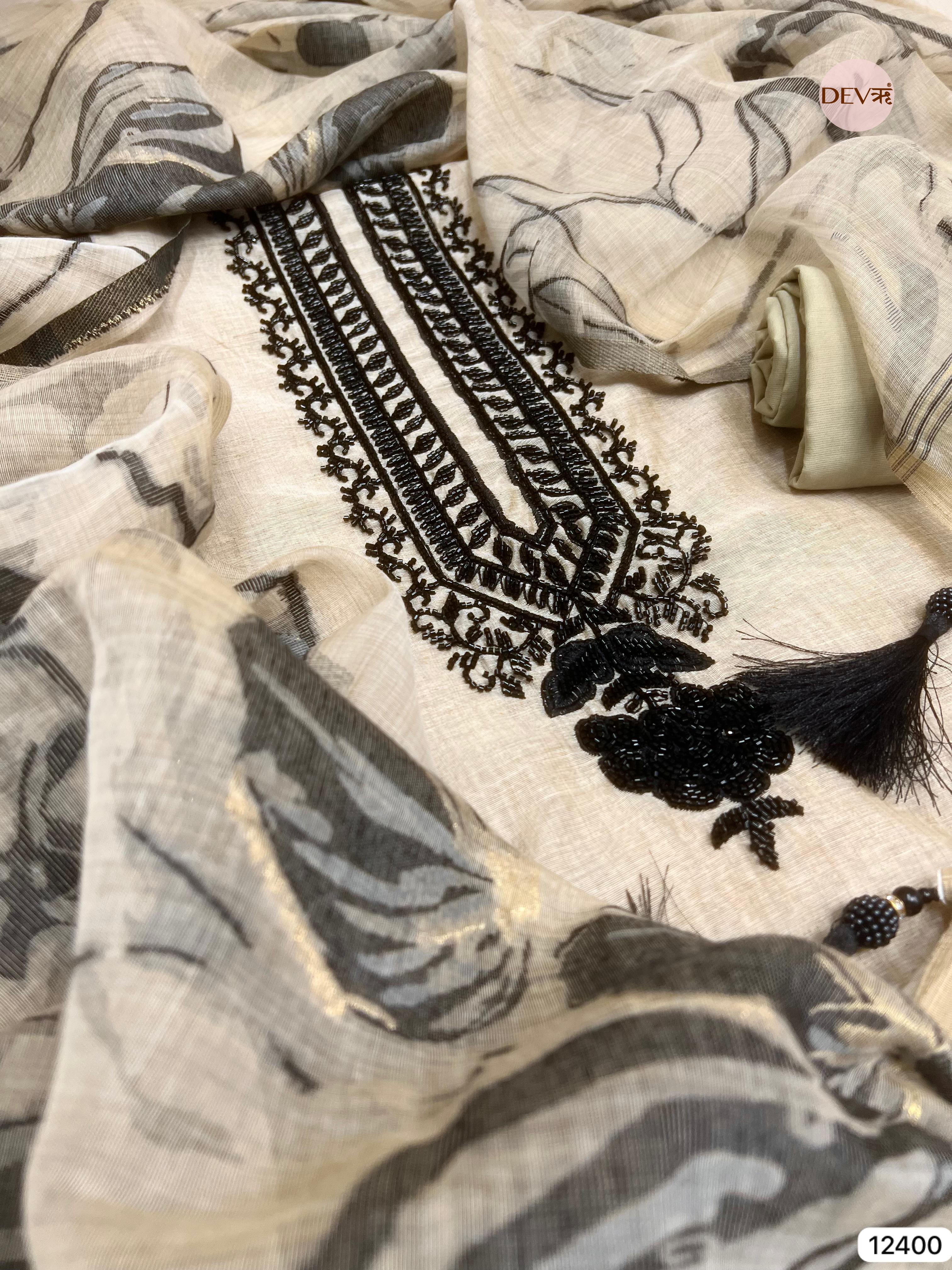 Beige Mul Chanderi Embroidered Unstitched 3-Piece Suit (Devri – D.No 12400)