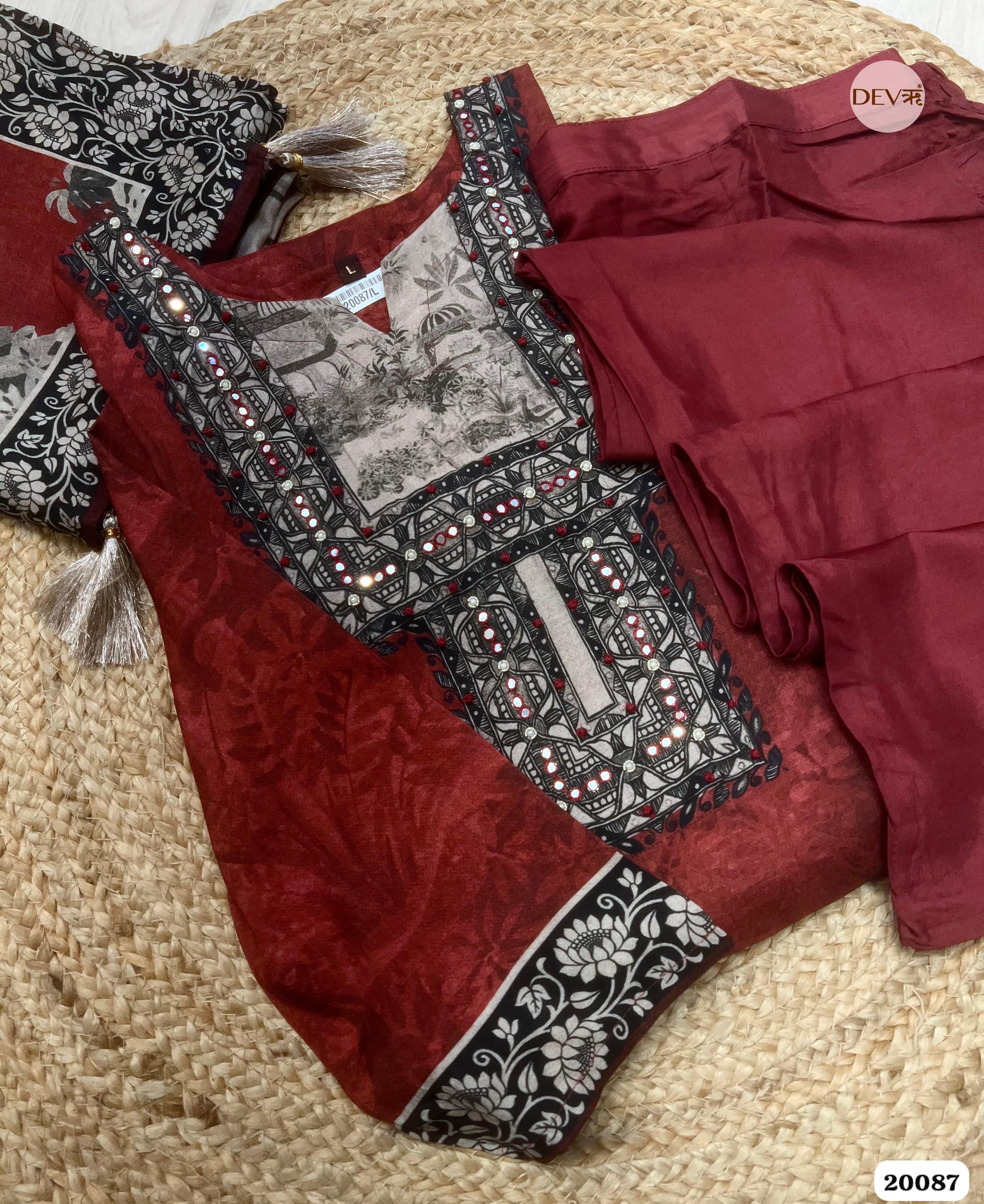 Aaranya Muslin Digital Printed Maroon 3-Piece Set (Devri – D.No 20087)