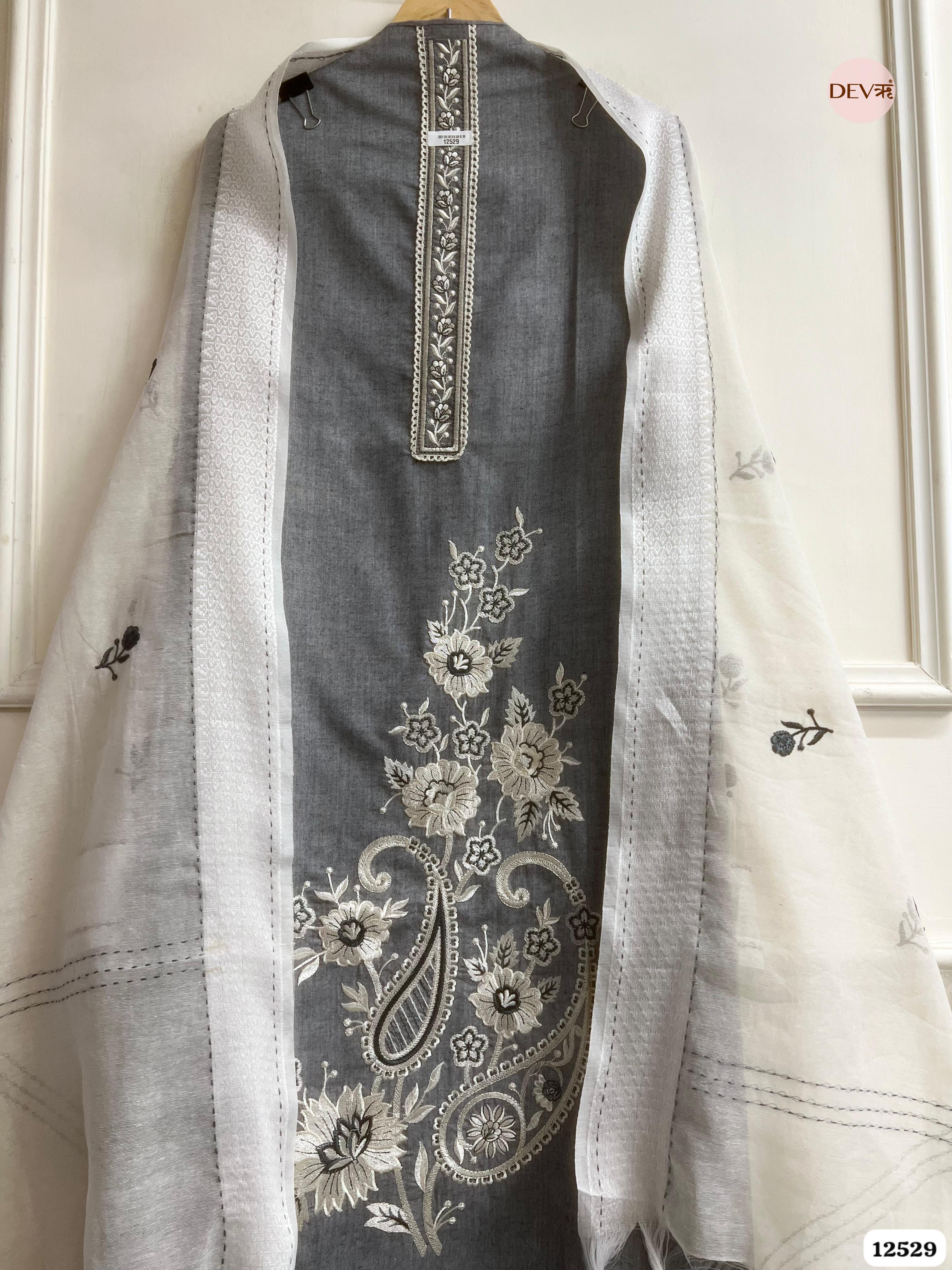 Slate Grey Handloom Cotton Embroidered Unstitched 3-Piece Suit (Devri – D.No. 12529)