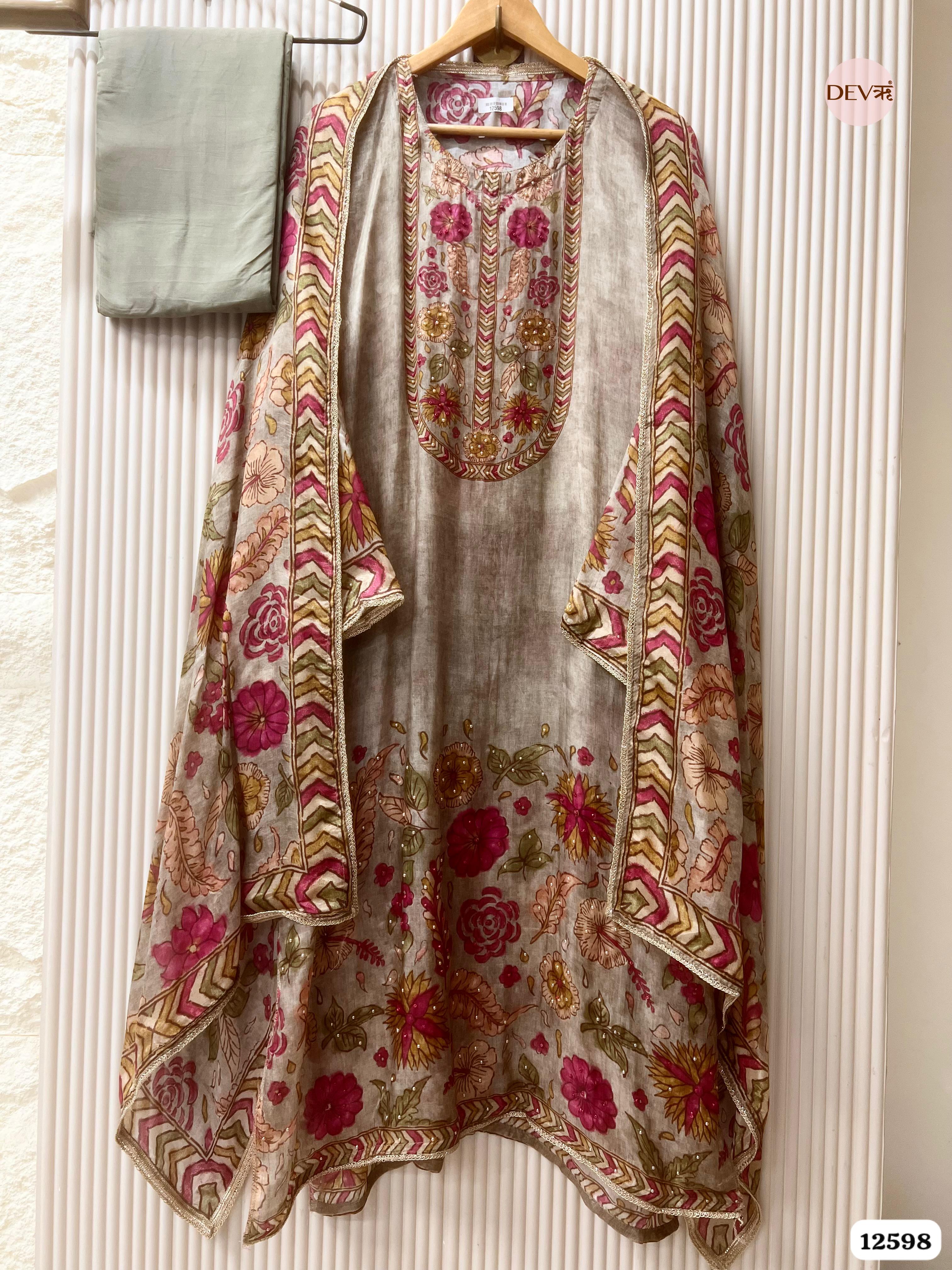 Beige Muslin Floral Printed Unstitched 3-Piece Suit (Devri – D.No 12598)