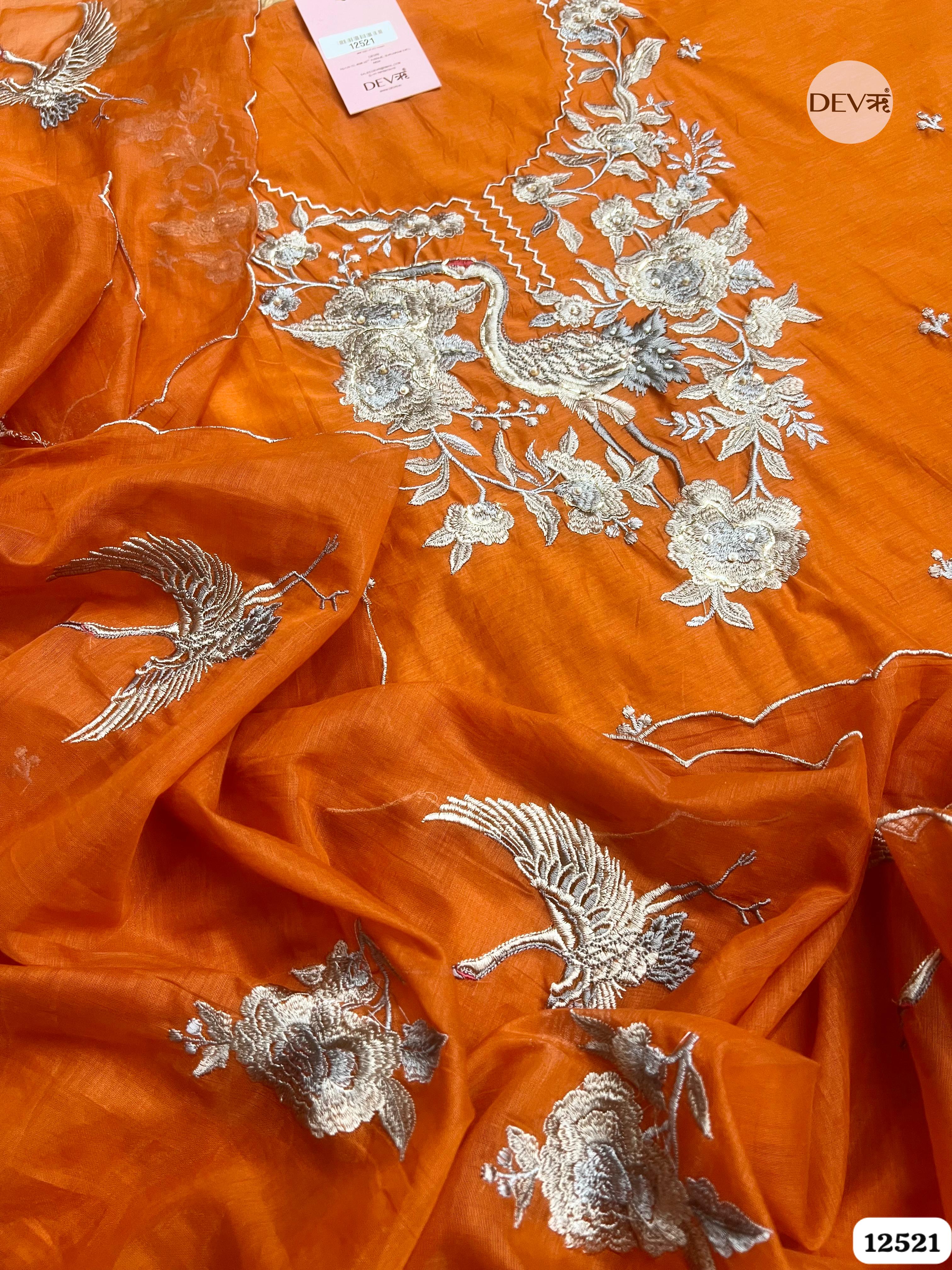Orange Pure Mul Chanderi Embroidered Unstitched 3-Piece Suit (Devri – D.No 12521)