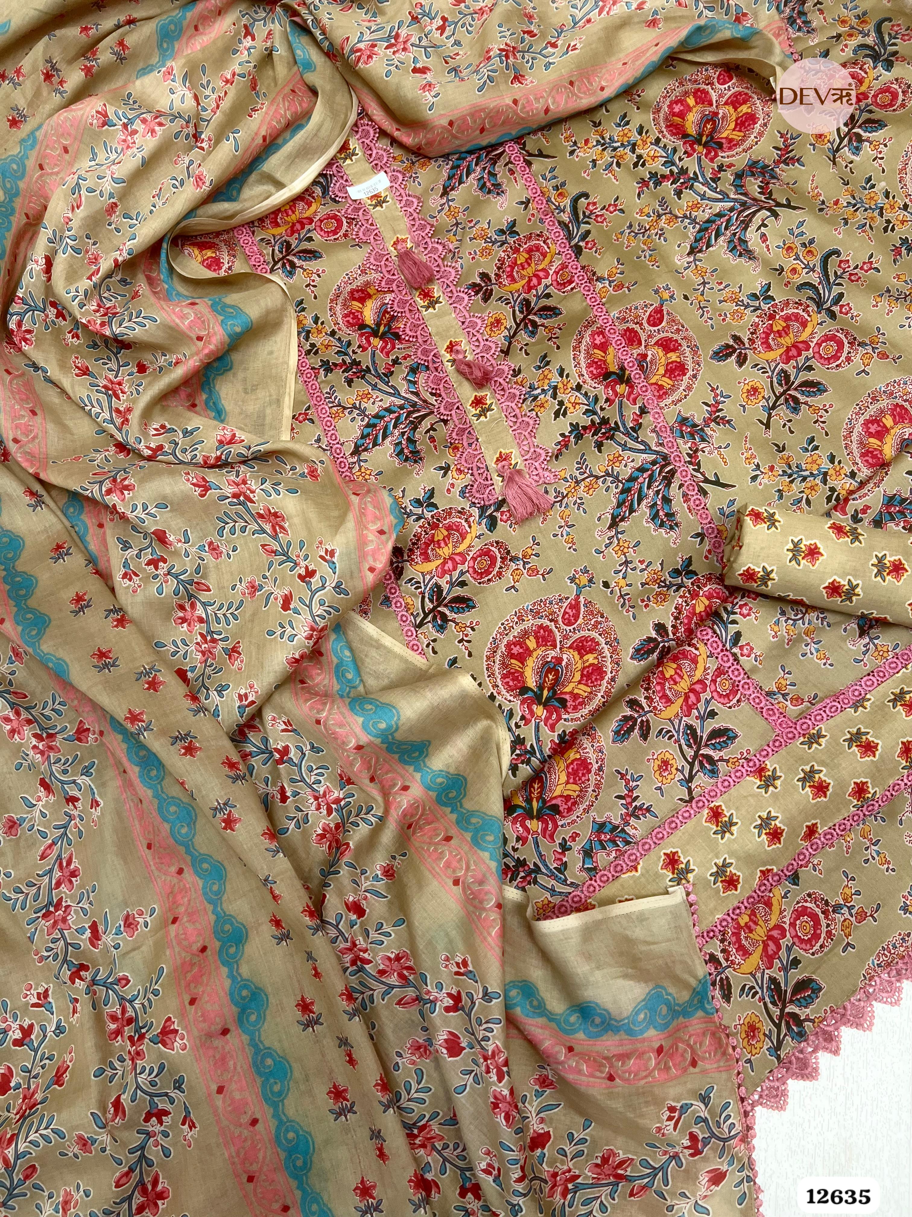 Beige Cotton Floral Printed Unstitched 3-Piece Suit (Devri – D.No 12635)