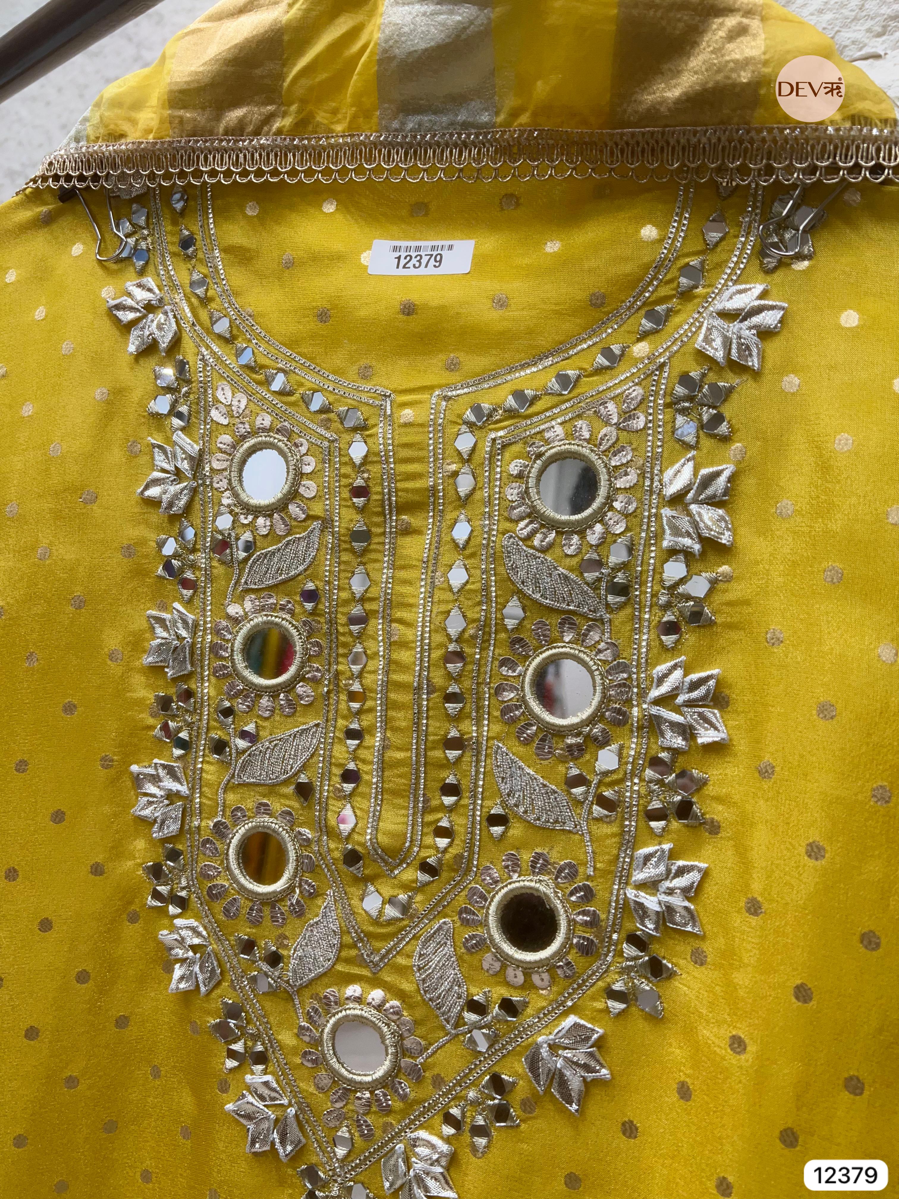 Sun Yellow Tissue Silk Embroidered Unstitched 3-Piece Suit (Devri – D.No 12379)