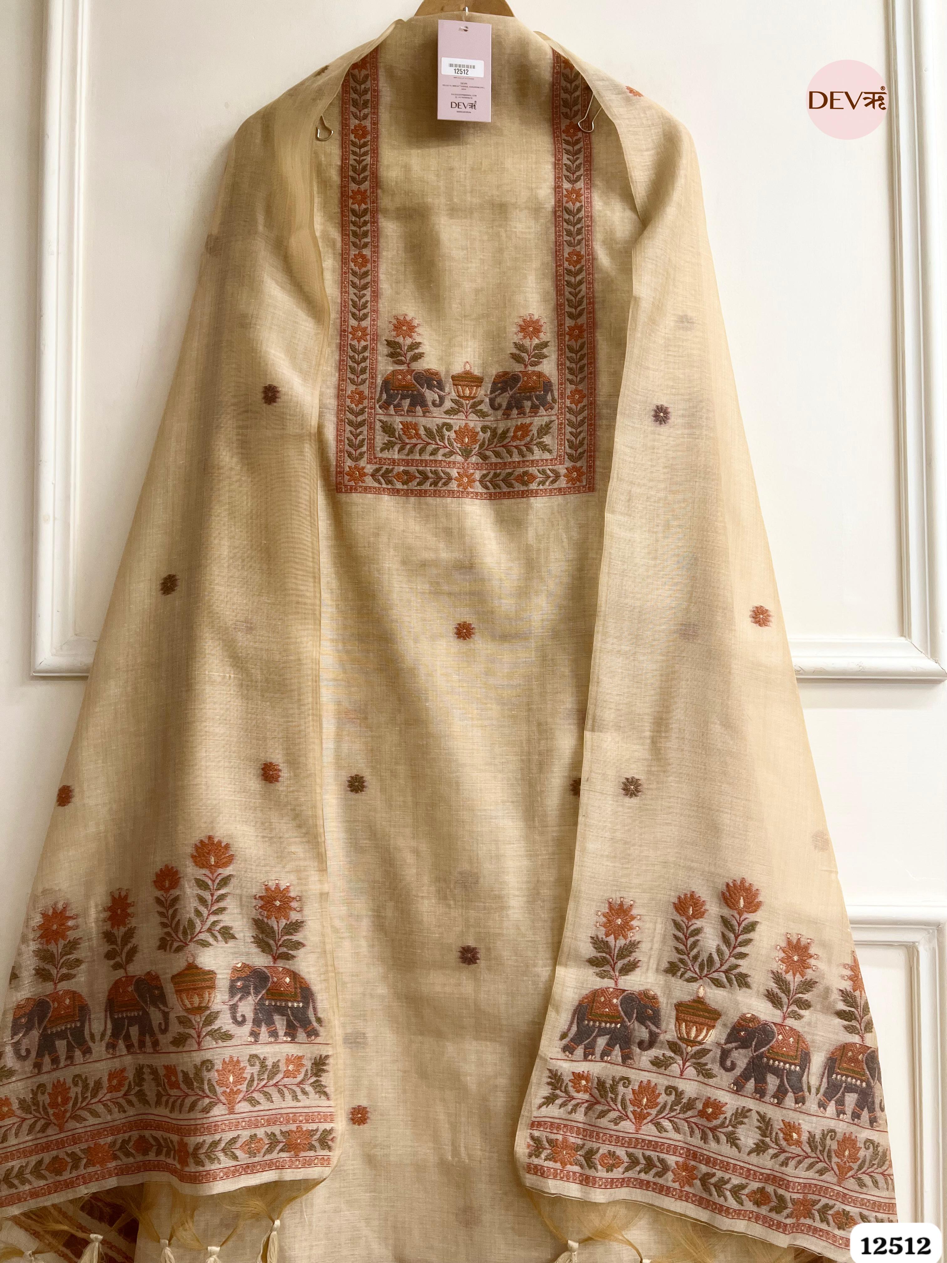 Beige Jamdani Embroidered Unstitched 3-Piece Suit (Devri – D.No 12512)