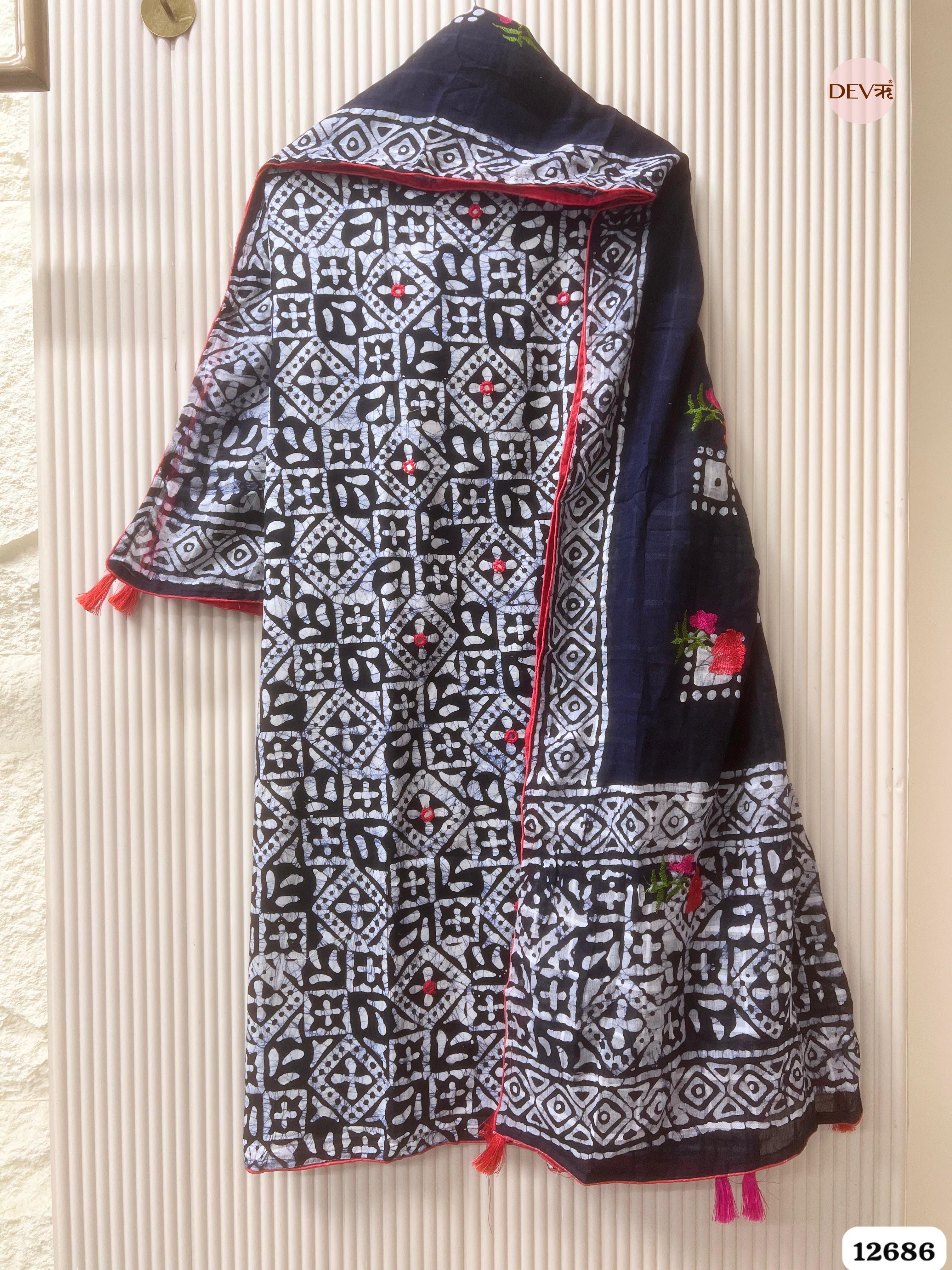 Navy Blue Cotton Batik Printed Unstitched 3-Piece Suit (Devri – D.No 12686)