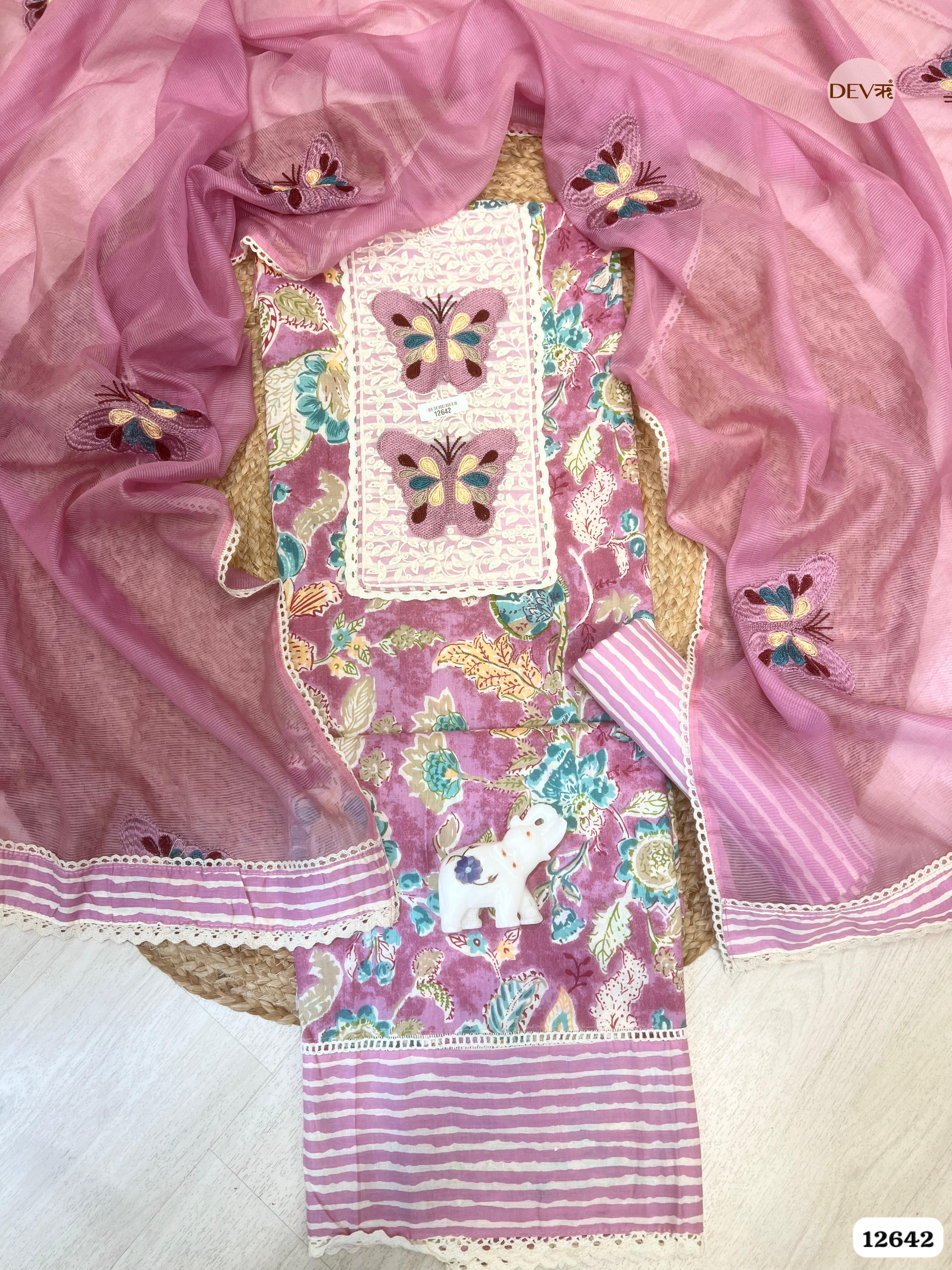 Pink Floral Cotton Unstitched 3-Piece Suit with Net Dupatta (Devri – D.No 12642)