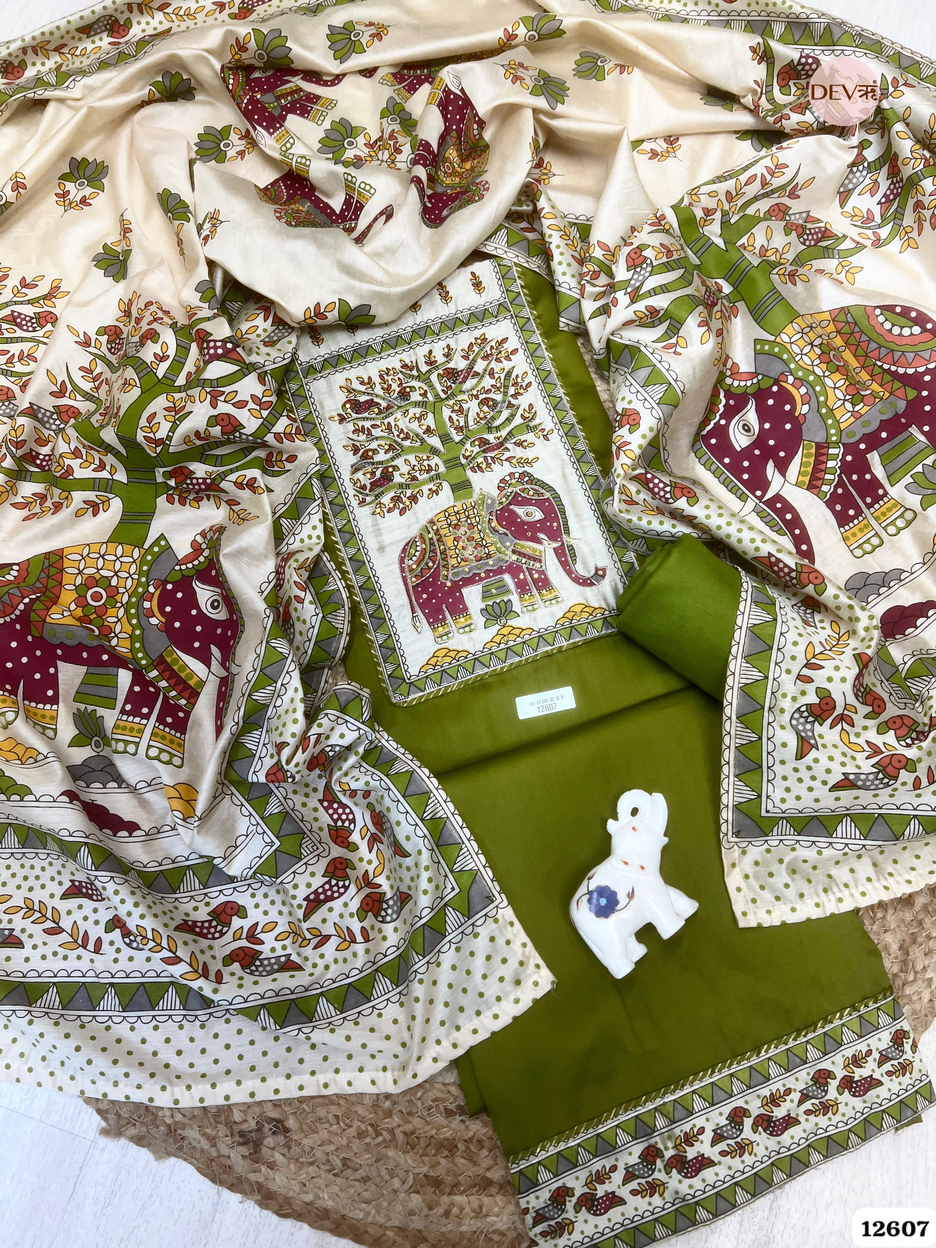 Olive Green Cotton Embroidered Unstitched 3-Piece Suit (Devri – D.No 12607)