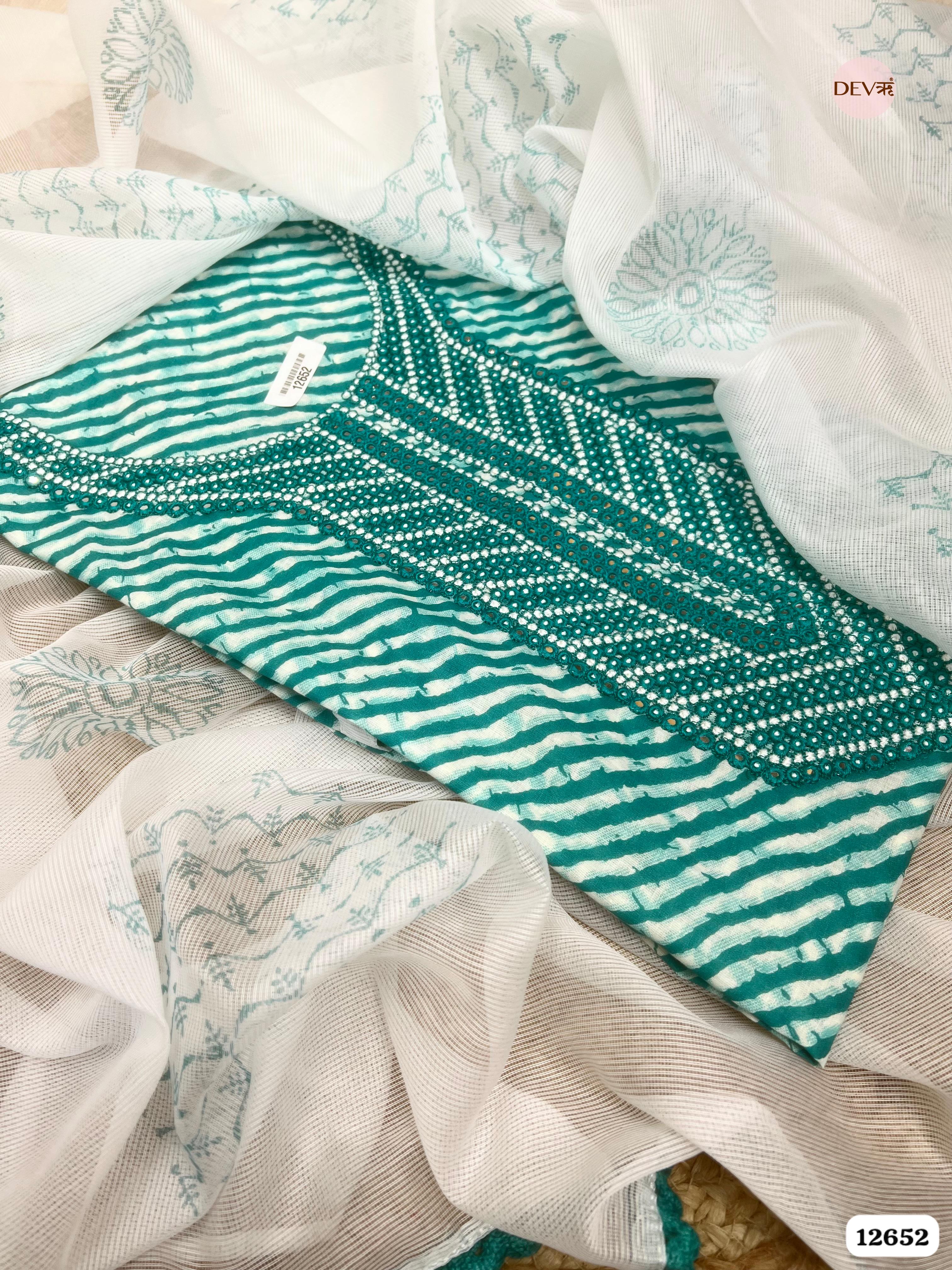 Teal Green Cotton Printed & Embroidered Unstitched 3-Piece Suit (Devri – D.No. 12652)