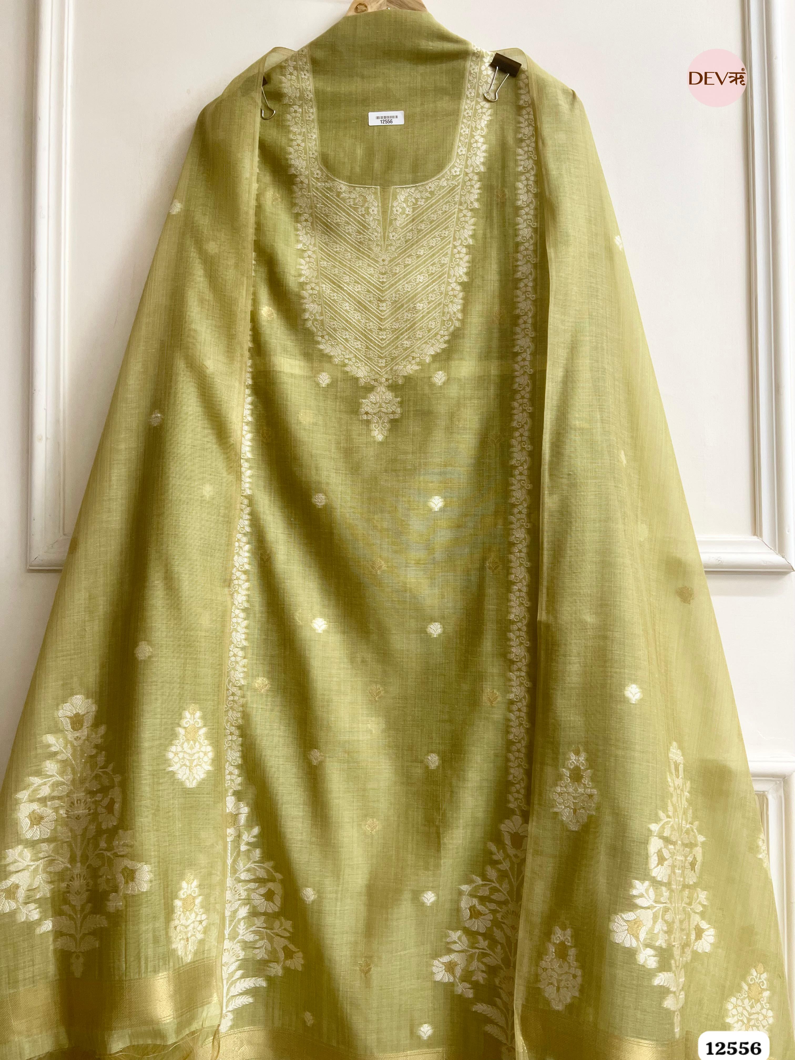 Lime Green Jamdani Embroidered Unstitched 3-Piece Suit (Devri – D.No 12556)