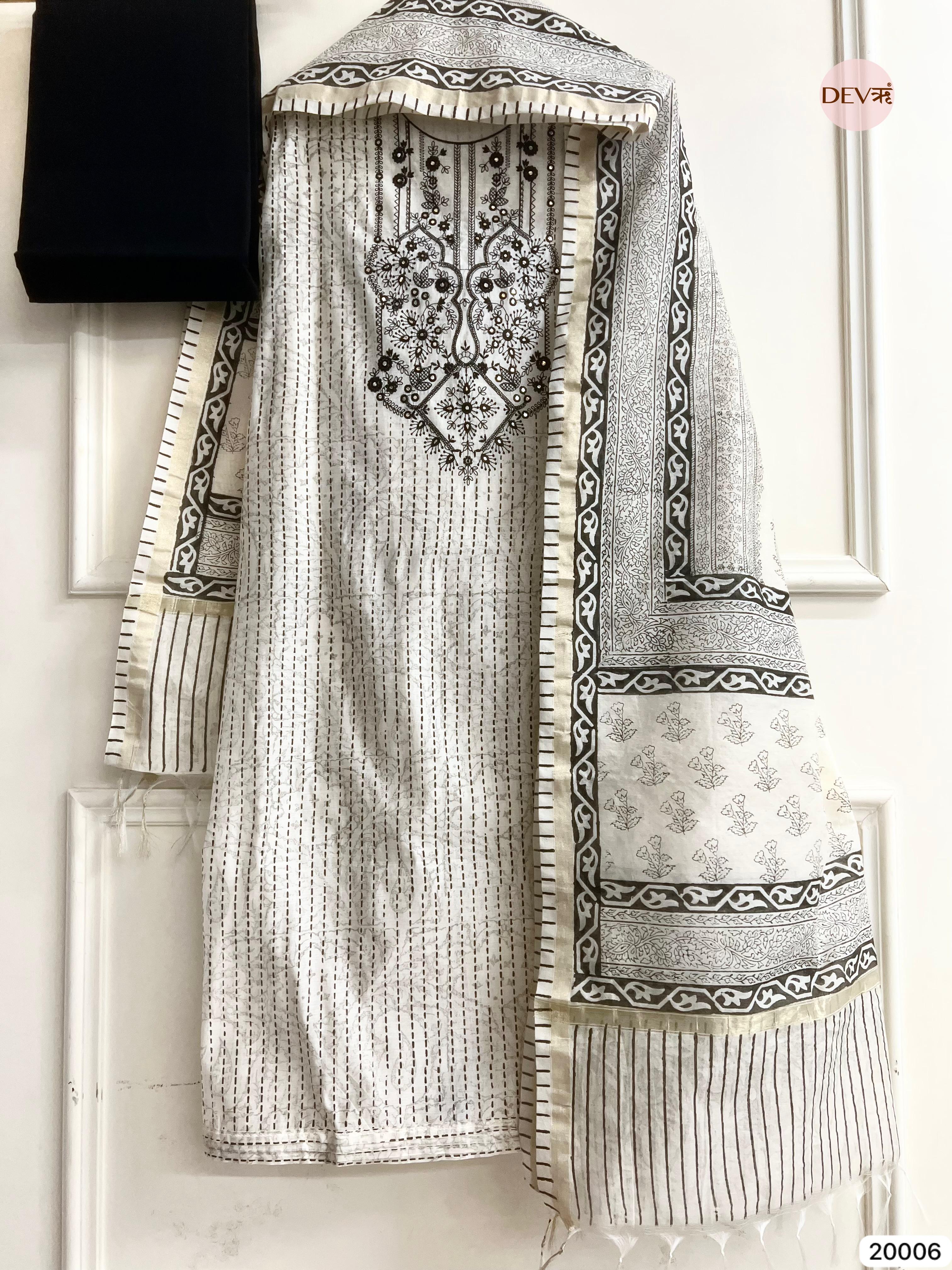 Black and White Pure Linen Cotton Embroidered Unstitched 3-Piece Suit (Devri – D.No 20006)