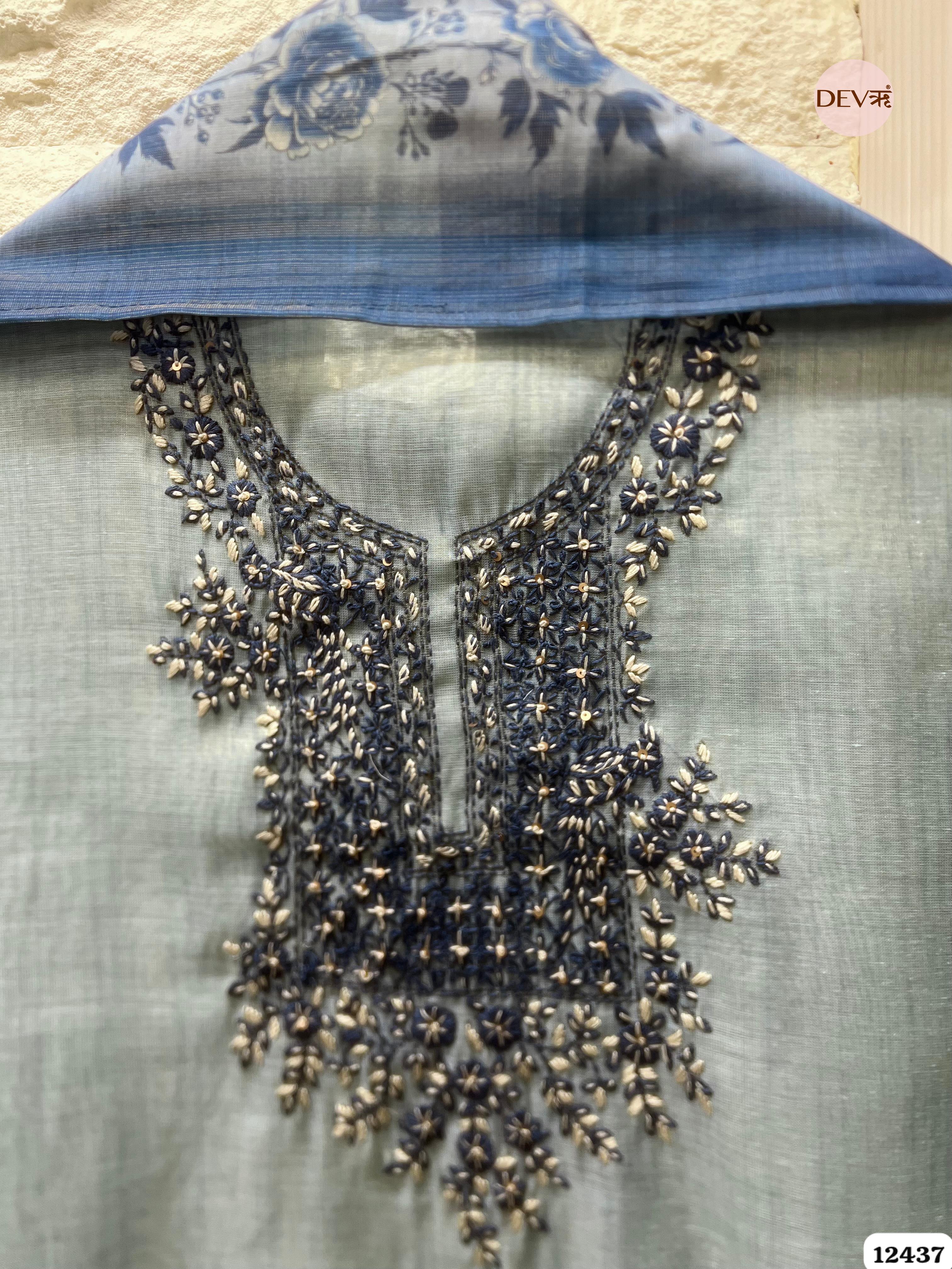 Powder Blue Pure Linen Tissue Embroidered Unstitched 3-Piece Suit (Devri – D.No . 12437)