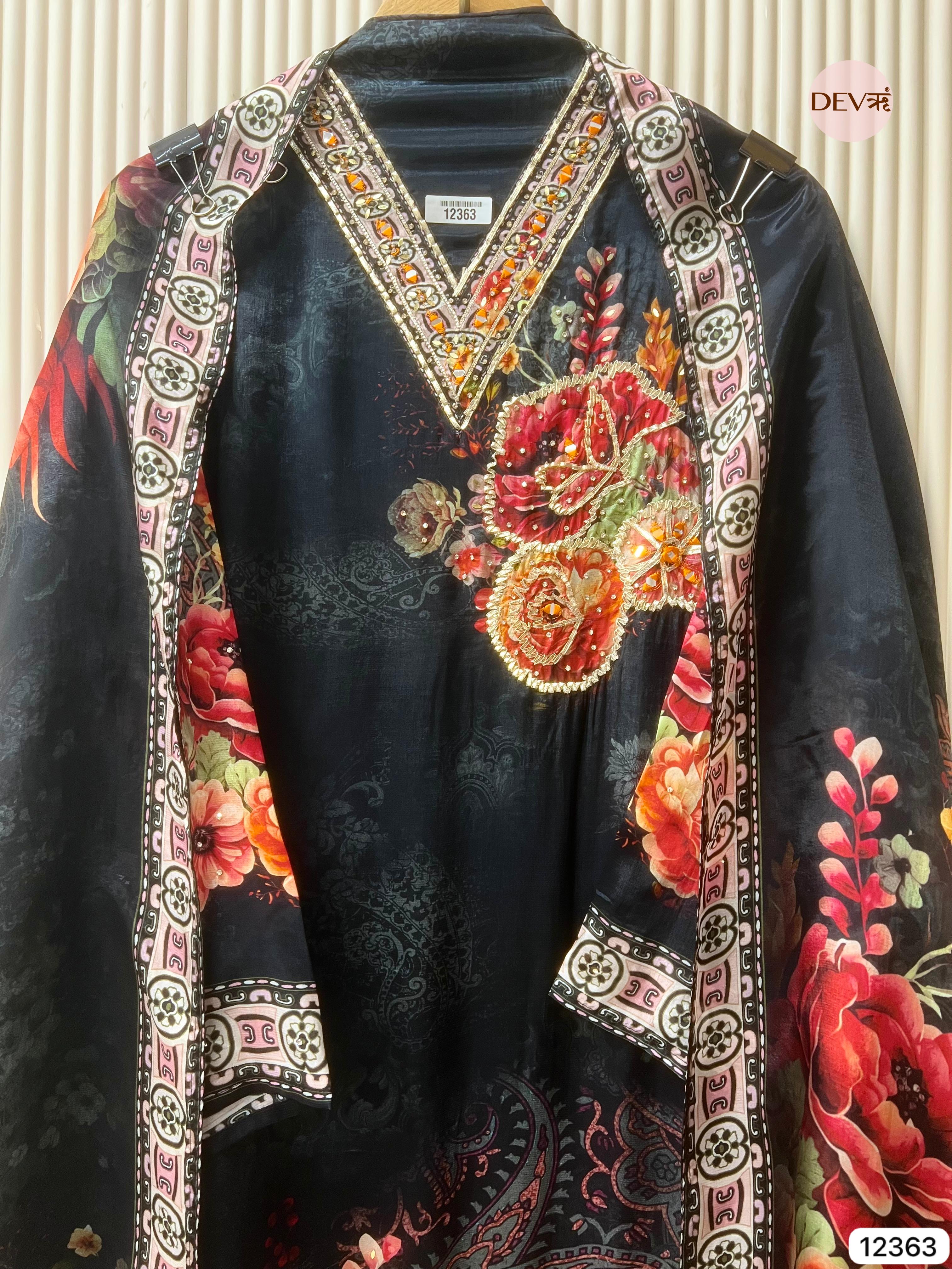 Midnight Blue Organza Silk Printed Unstitched 3-Piece Suit (Devri – D.No 12363)