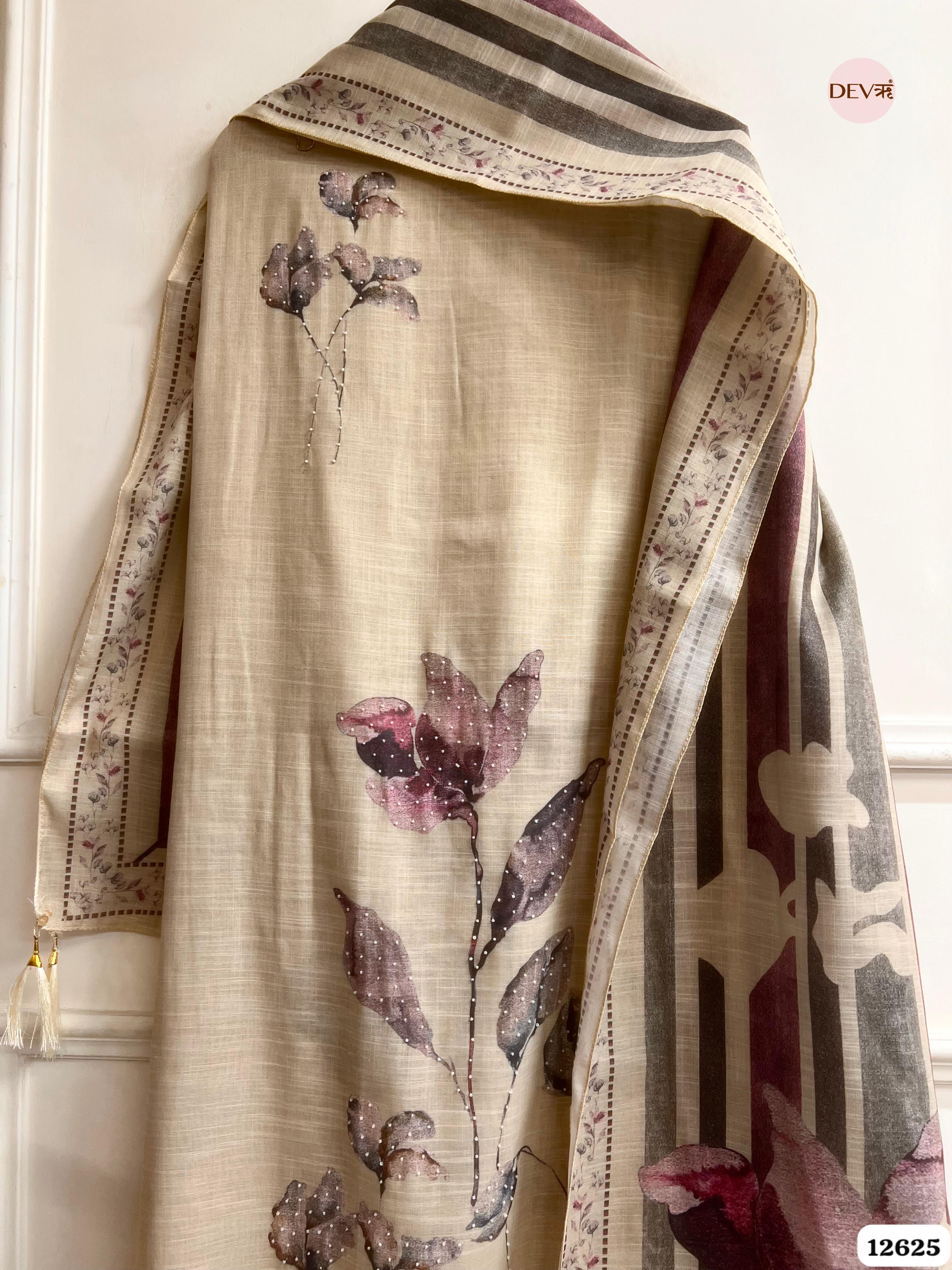 Beige Linen Printed Unstitched 3-Piece Suit (Devri – D.No 12625)