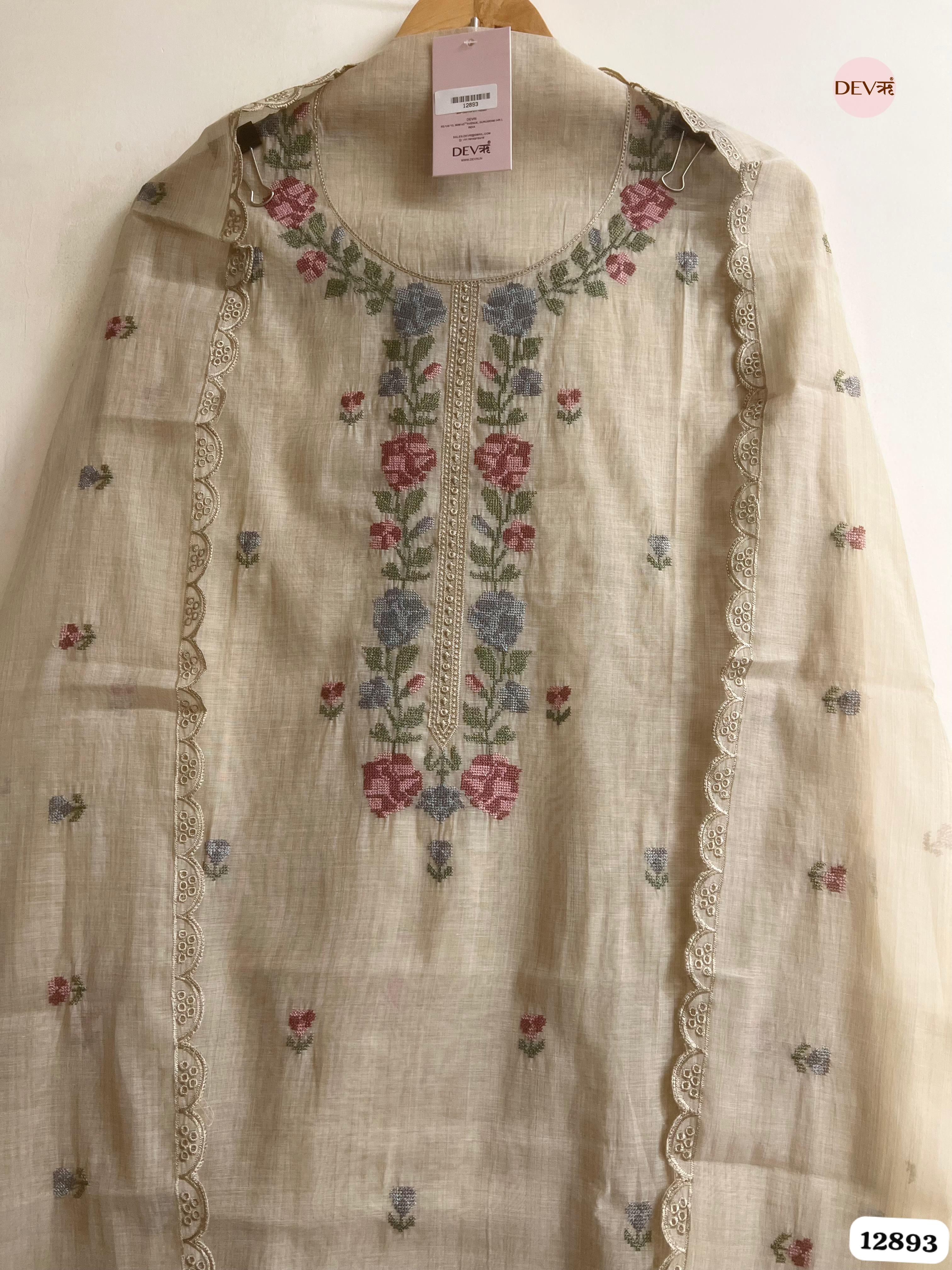 Beige Mul Chanderi Embroidered Unstitched 3-Piece Suit (Devri – D.No 12893)
