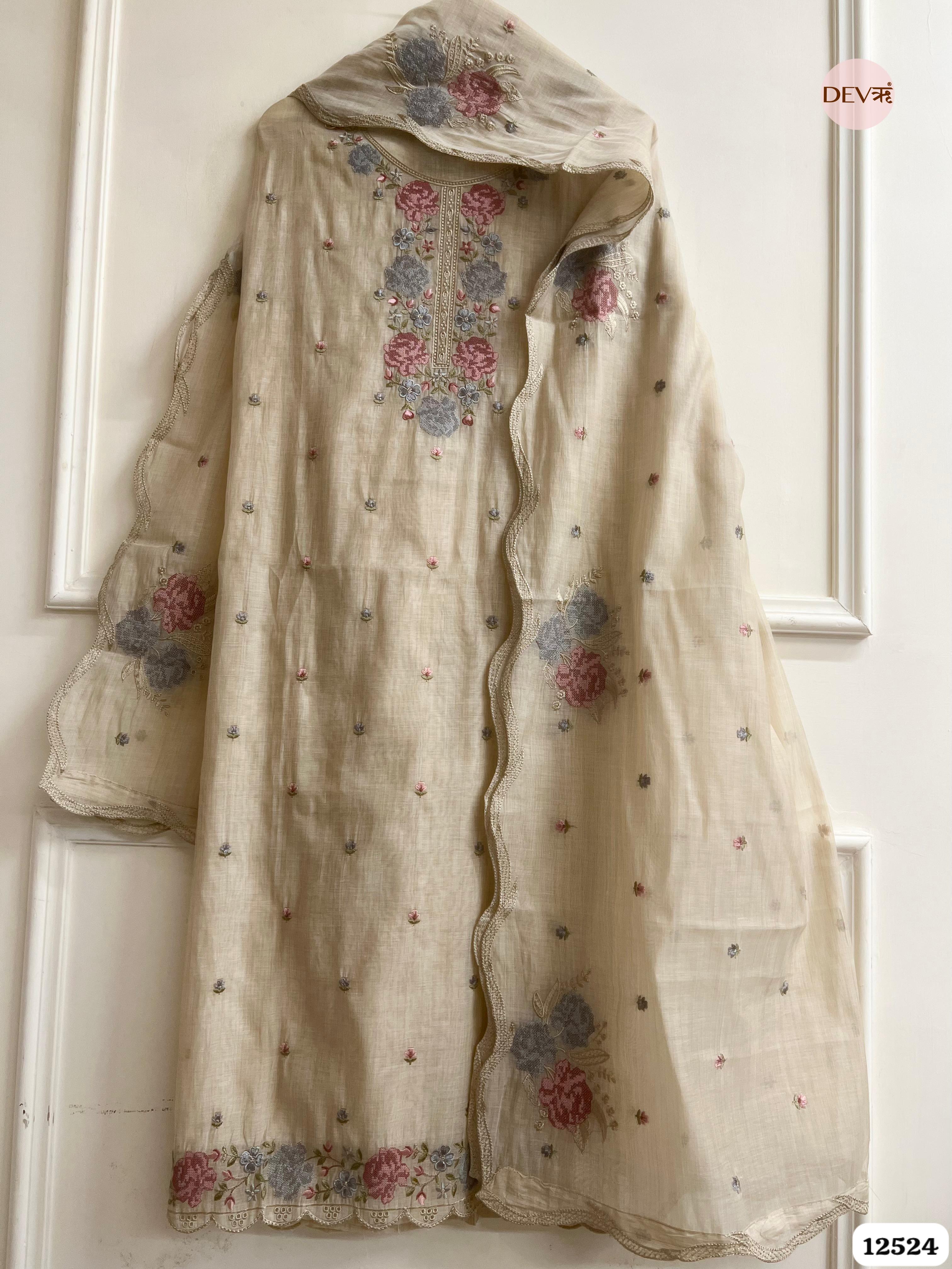 baige Mul Chanderi Embroidered Unstitched 3-Piece Suit (Devri – D.No. 12524)