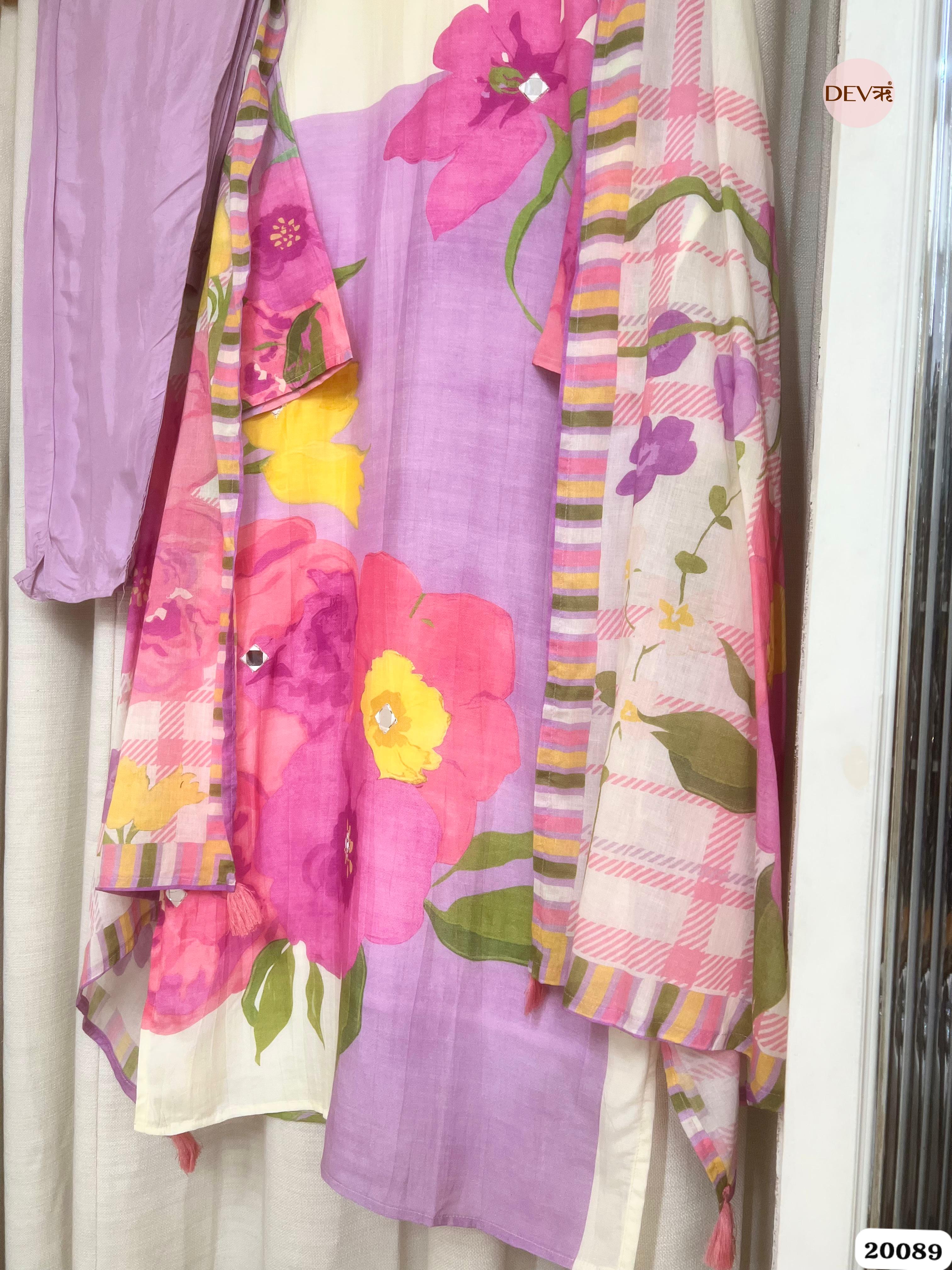 Sia Pure Cotton Printed Lavender & Ivory 3-Piece Set (Devri – D.No 20089)