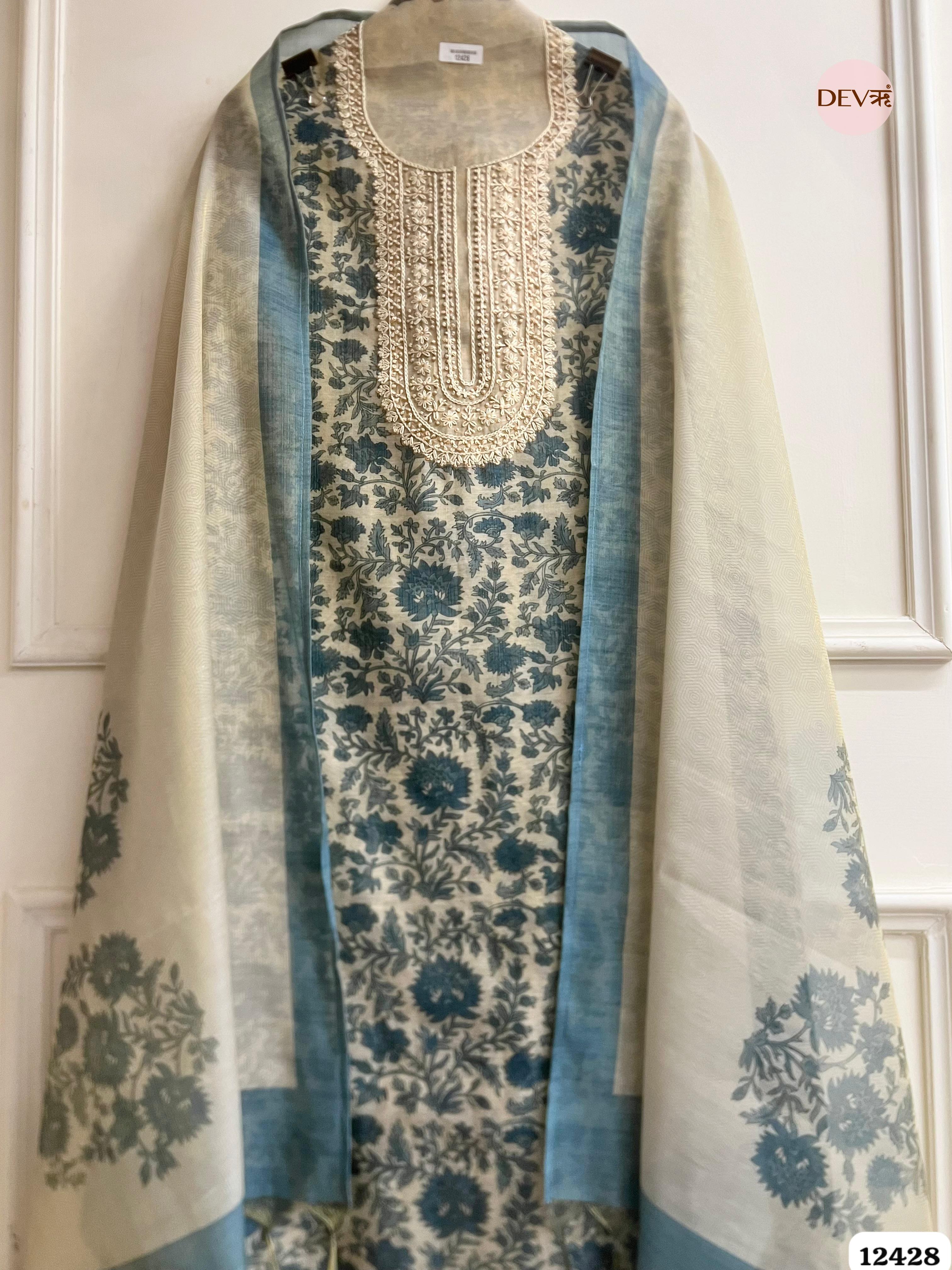 Ivory Blue Pure Linen Tissue Printed Unstitched 3-Piece Suit (Devri – D.No. 12428)