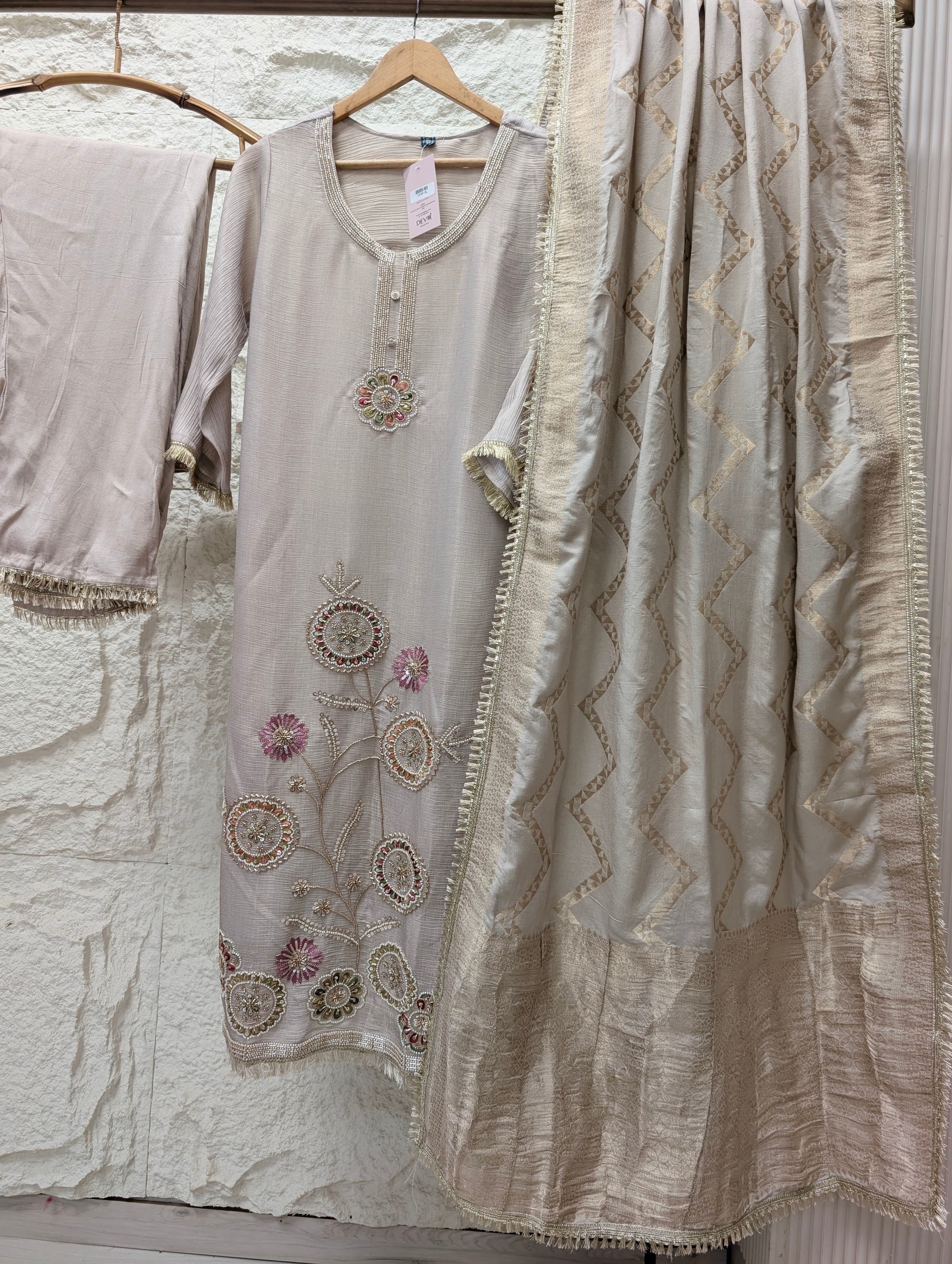 Gulnaar Tissue silk blend Embroidered Beige 3-Piece Set (Devri – D.No 13707)