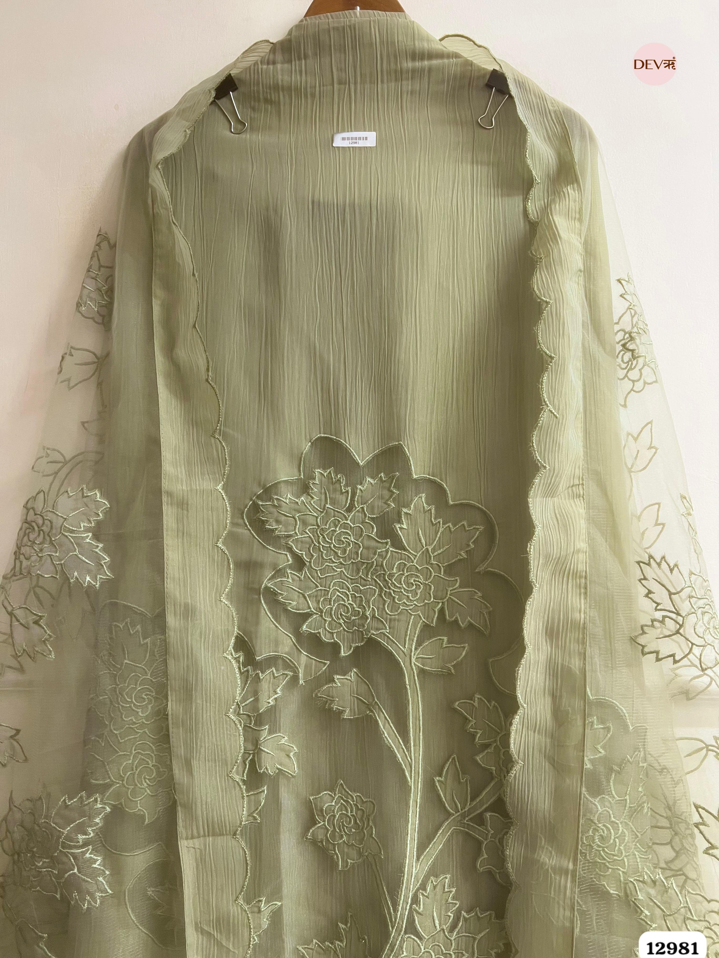 Green Tissue Crush Embroidered Unstitched 3-Piece Suit (Devri – D.No 12981)