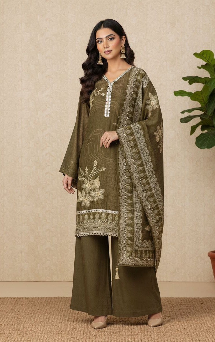 Olive Glass Organza Silk Embroidered Unstitched 3-Piece Suit (Devri – D.No 11728)