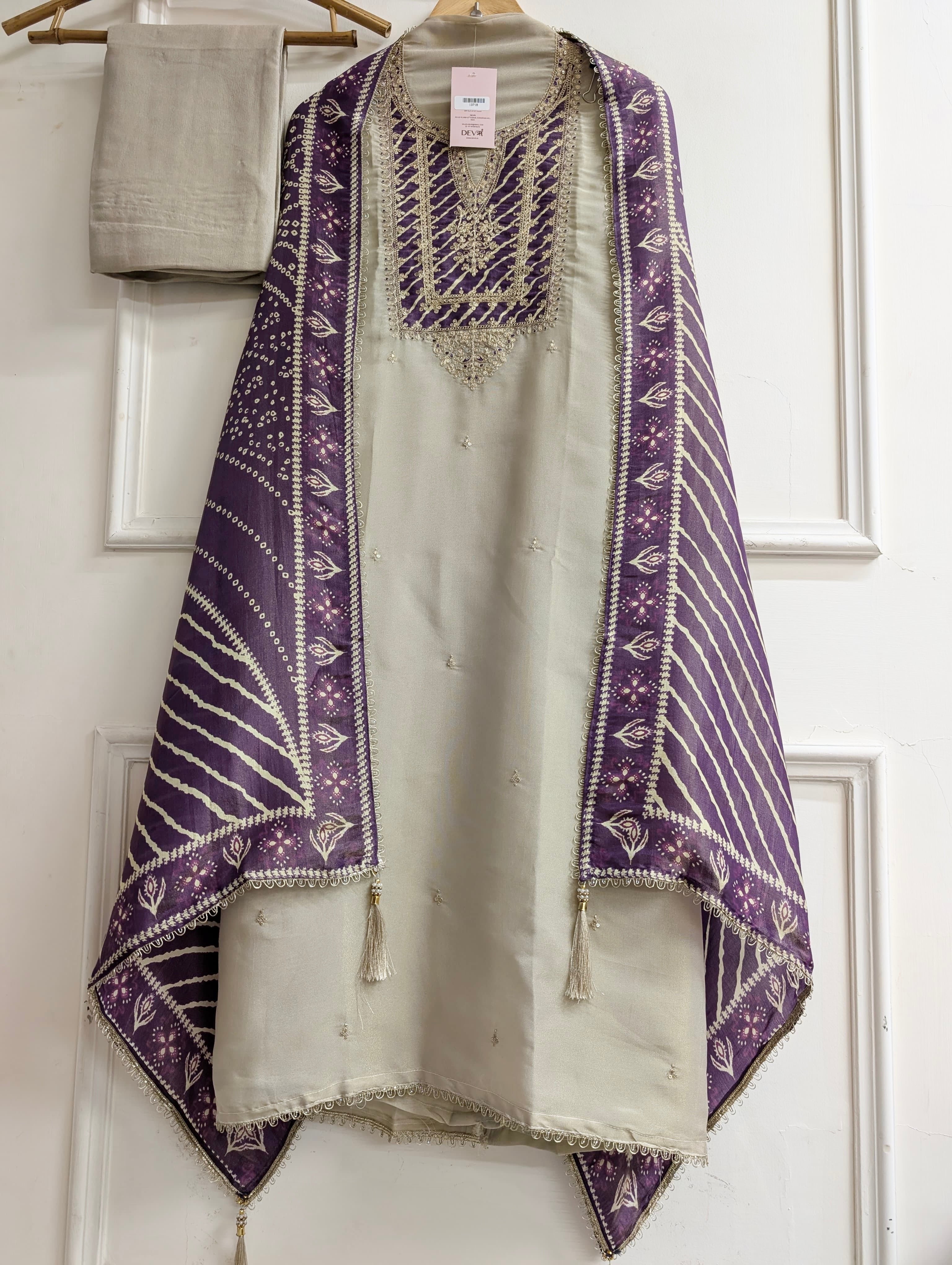 Beige Tissue Silk Embroidered Unstitched 3-Piece Suit (Devri – D.No 13718)