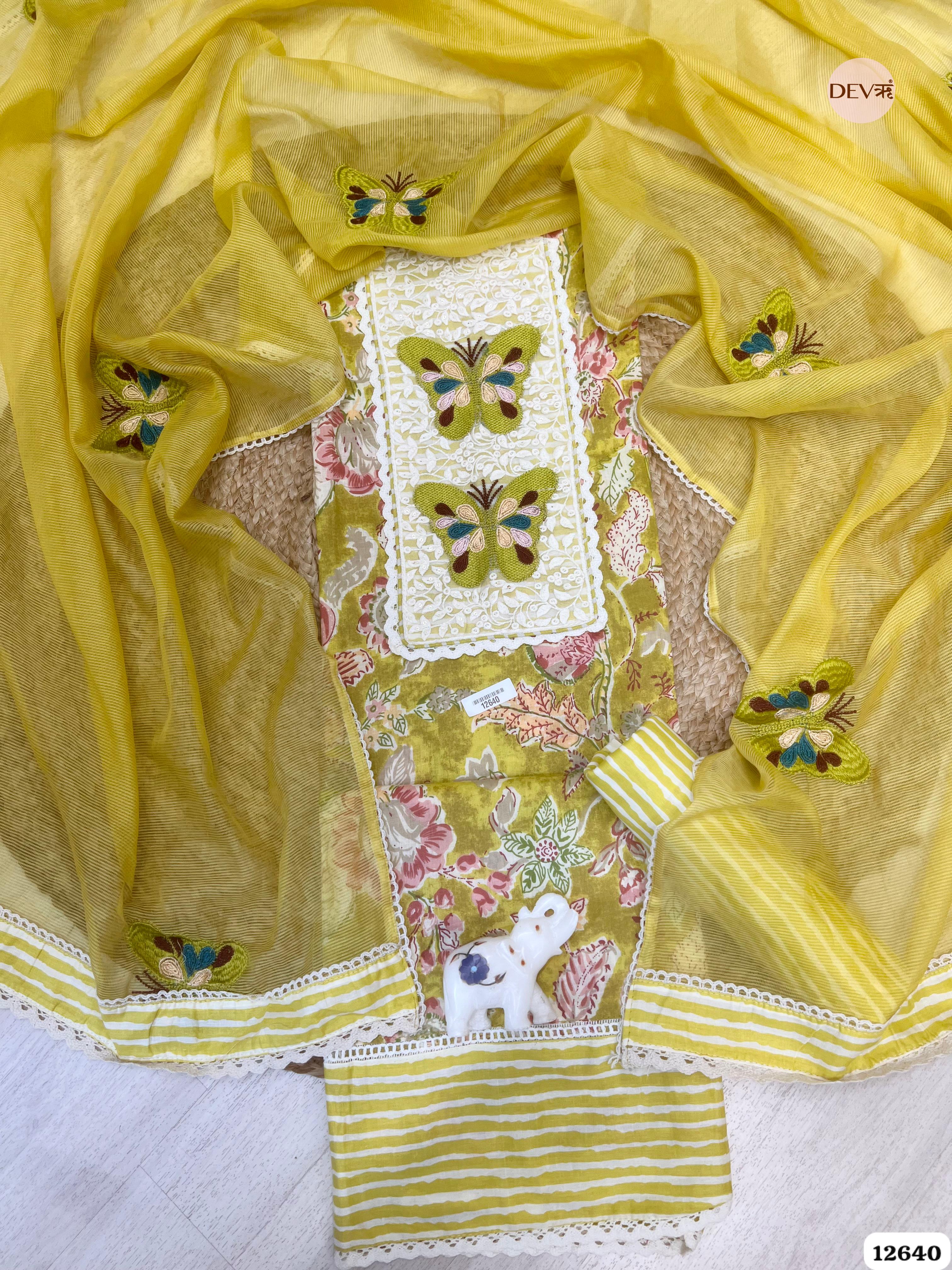 Yellow Cotton Floral Embroidered Unstitched 3-Piece Suit (Devri – D.No 12640)