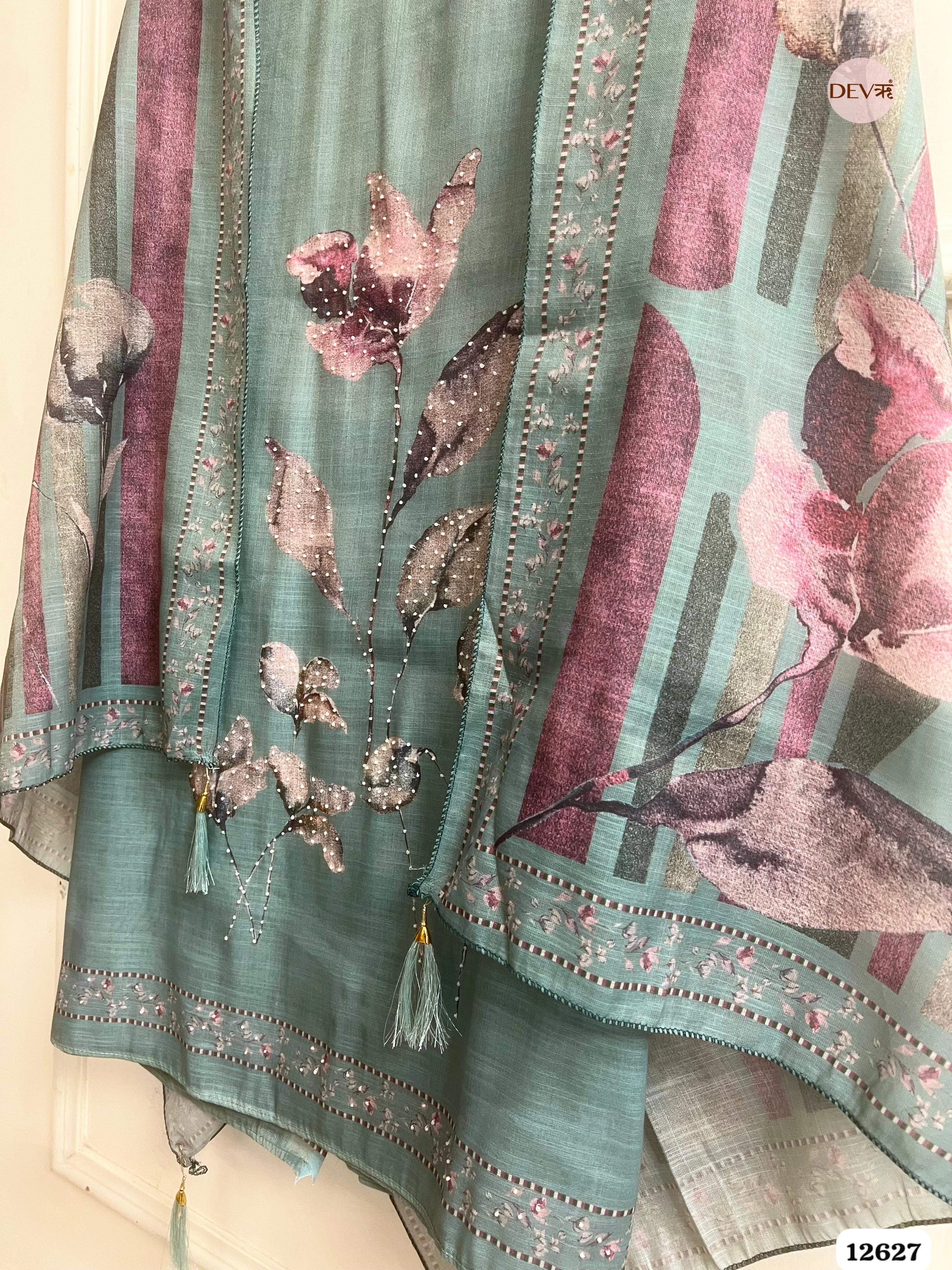 Teal Green Linen Printed Unstitched 3-Piece Suit (Devri – D.No 12627)