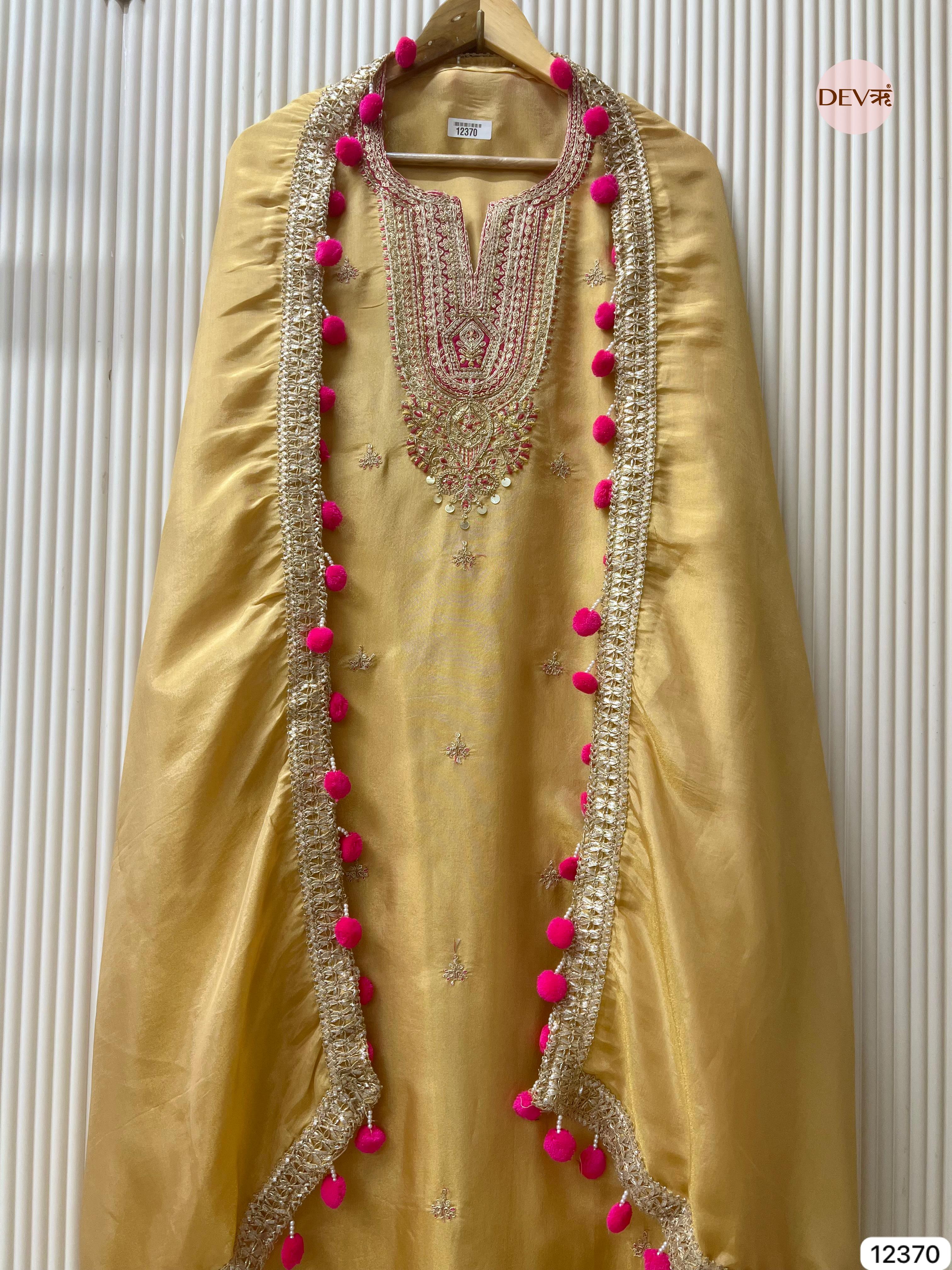 Golden Beige Shimmer Silk Embellished Unstitched 3-Piece Suit (Devri – D.No 12370)