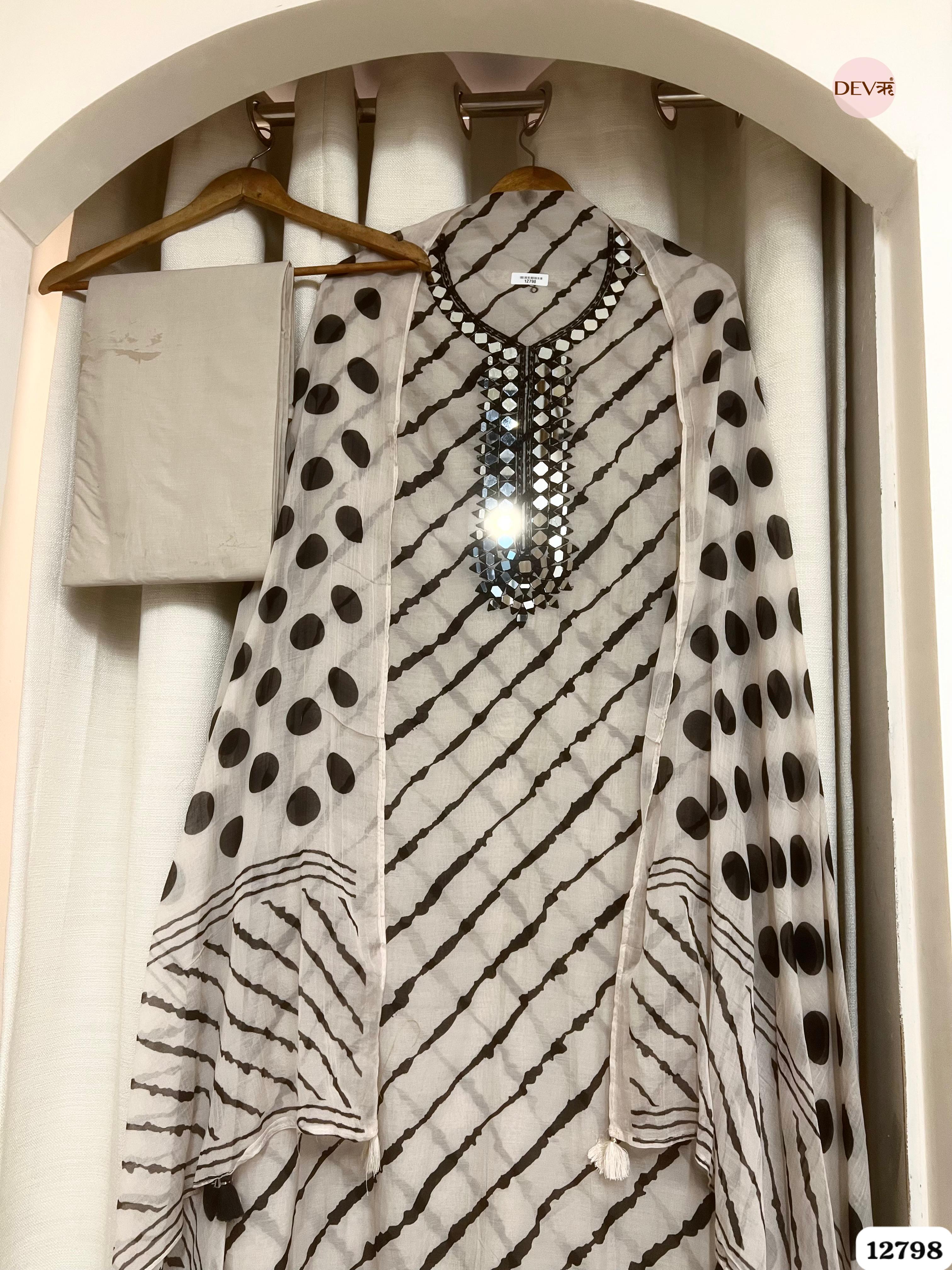 White Mul Chanderi Printed Unstitched 3-Piece Suit (Devri – D.No 12798)
