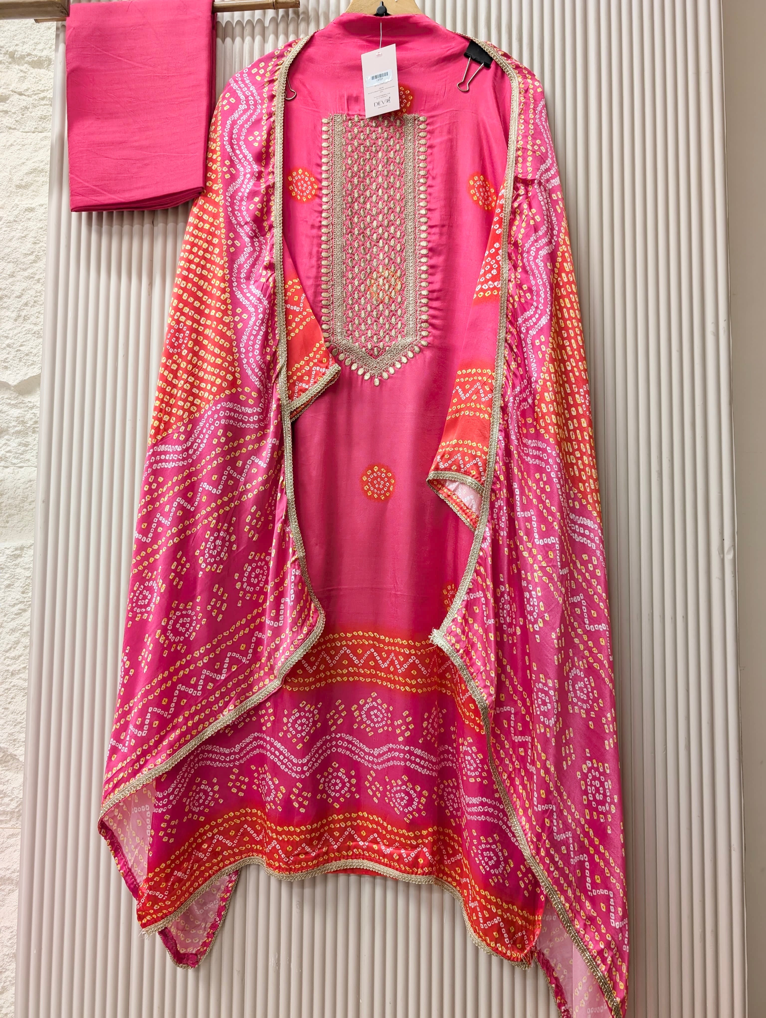 Pink Gajji Silk Printed Unstitched 3-Piece Suit (Devri – D.No 13727)