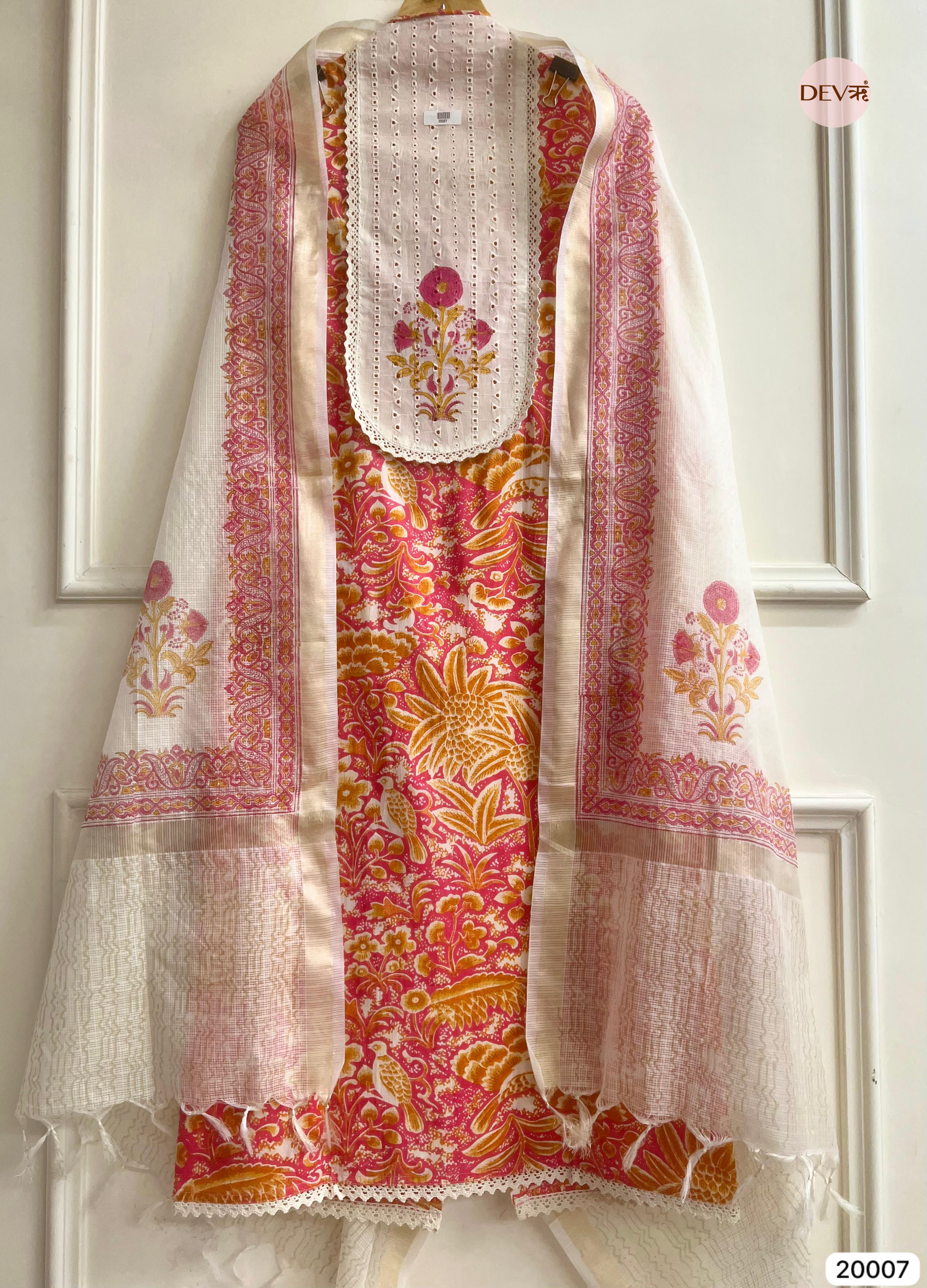 Pink and Mustard Pure Cotton Printed Unstitched 3-Piece Suit (Devri – D.No 20007)
