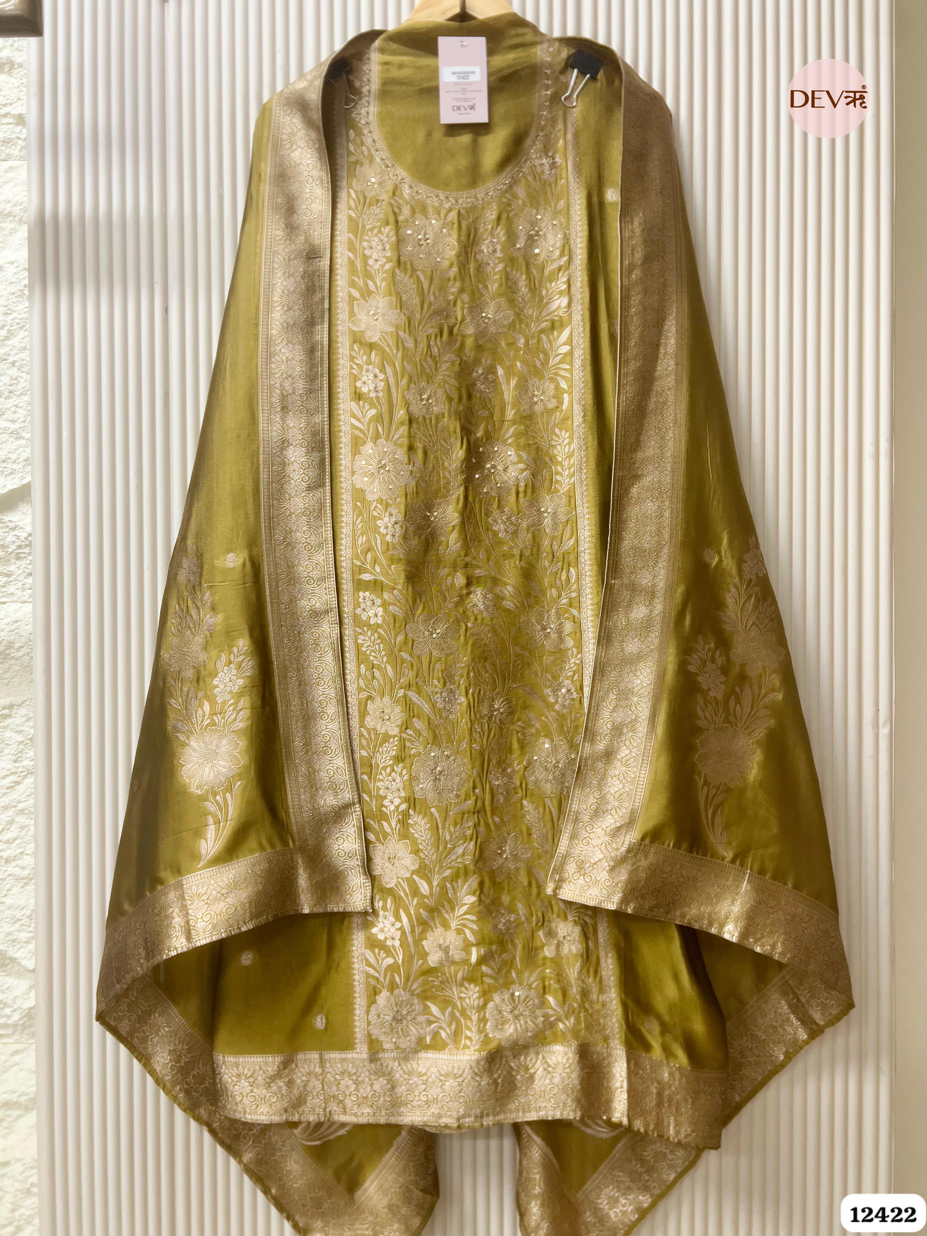Olive Banarasi Silk Embroidered Unstitched 3-Piece Suit (Devri – D.No.12422 )