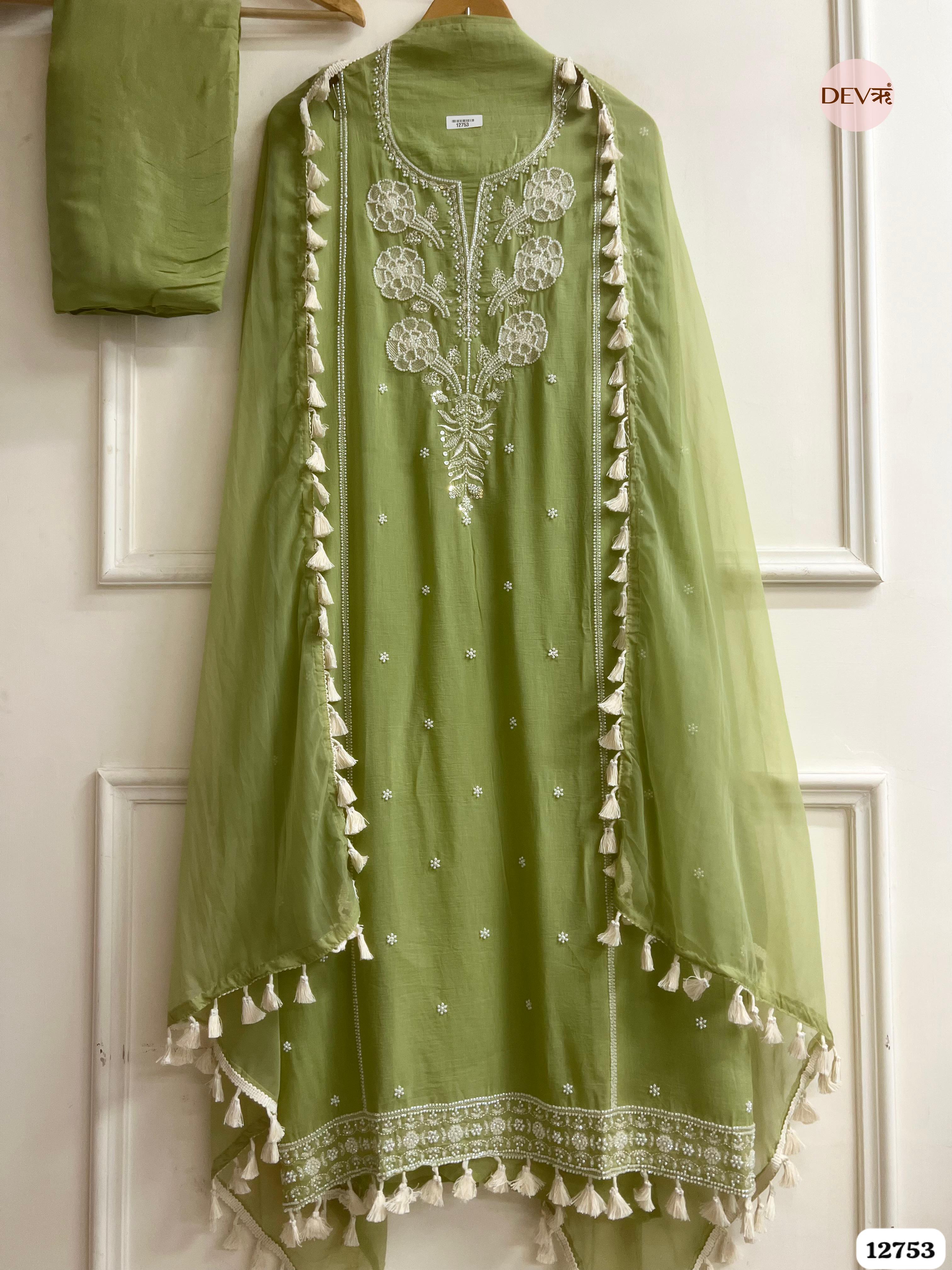 Mehendi Green Mul Cotton Embroidered Unstitched 3-Piece Suit (Devri – D.No 12753)