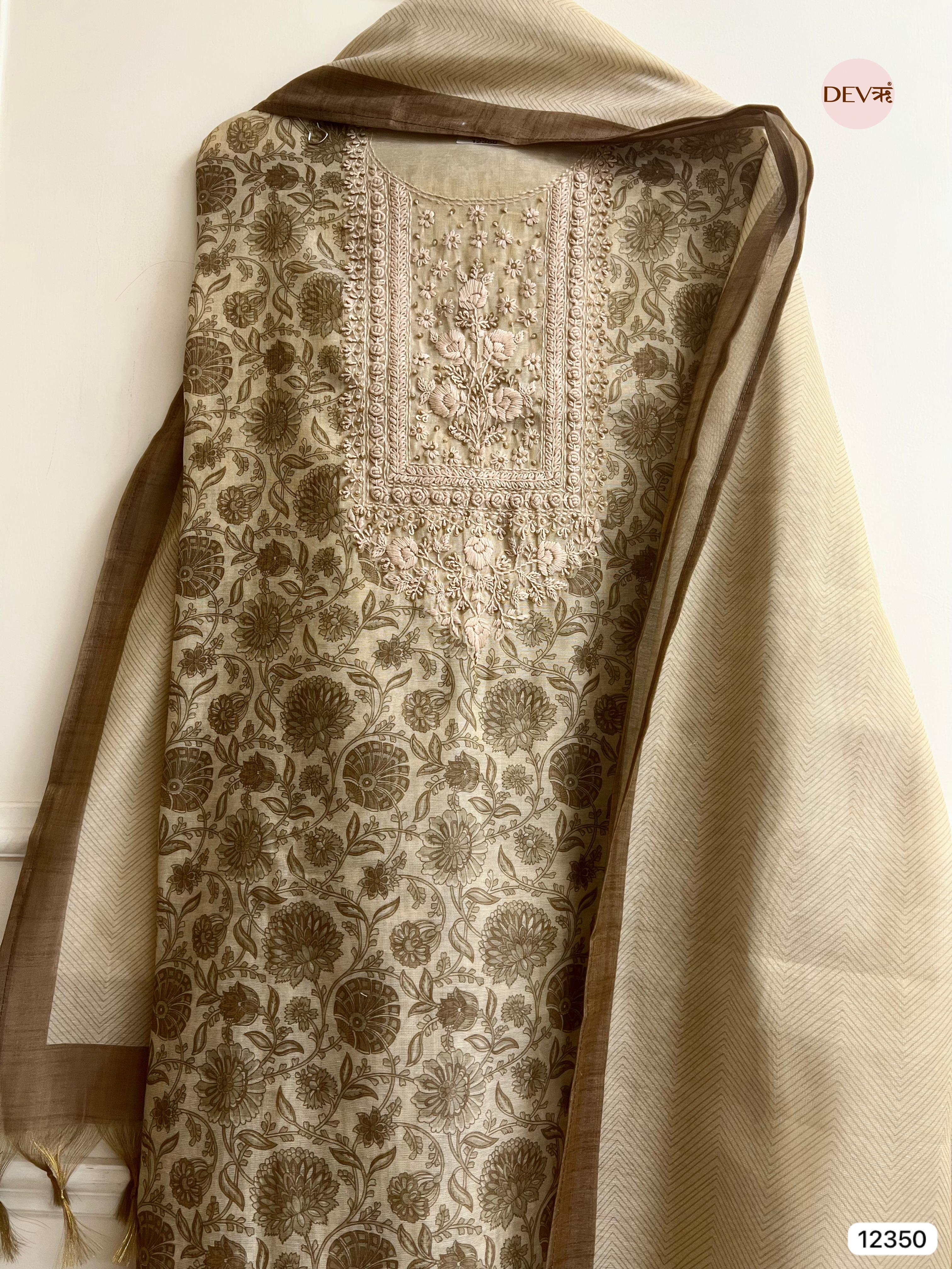 Ivory Beige Tissue Silk Embroidered Unstitched 3-Piece Suit (Devri – D.No 12350)