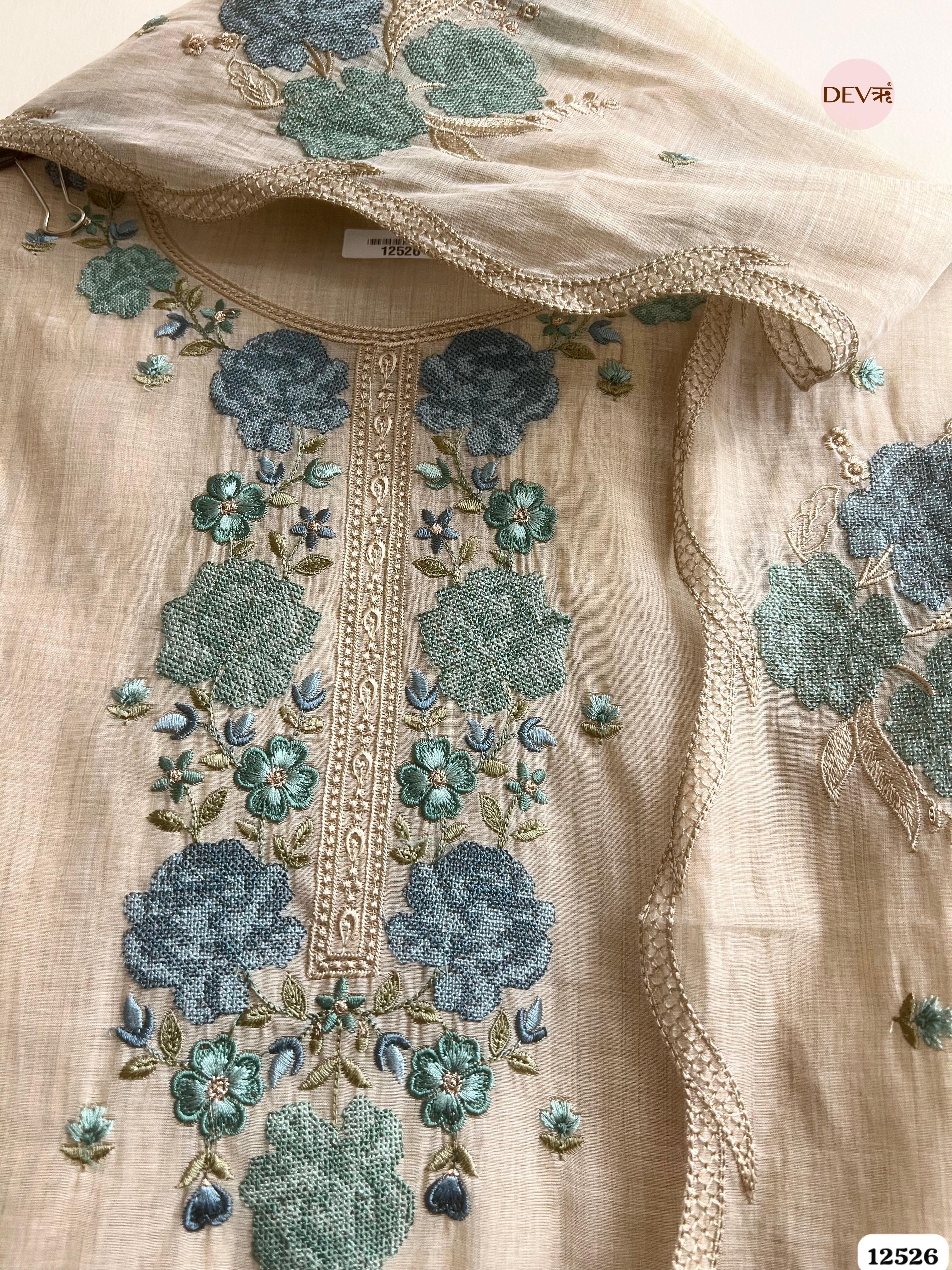 baige Mul Chanderi Embroidered Unstitched 3-Piece Suit (Devri – D.No. 12526)